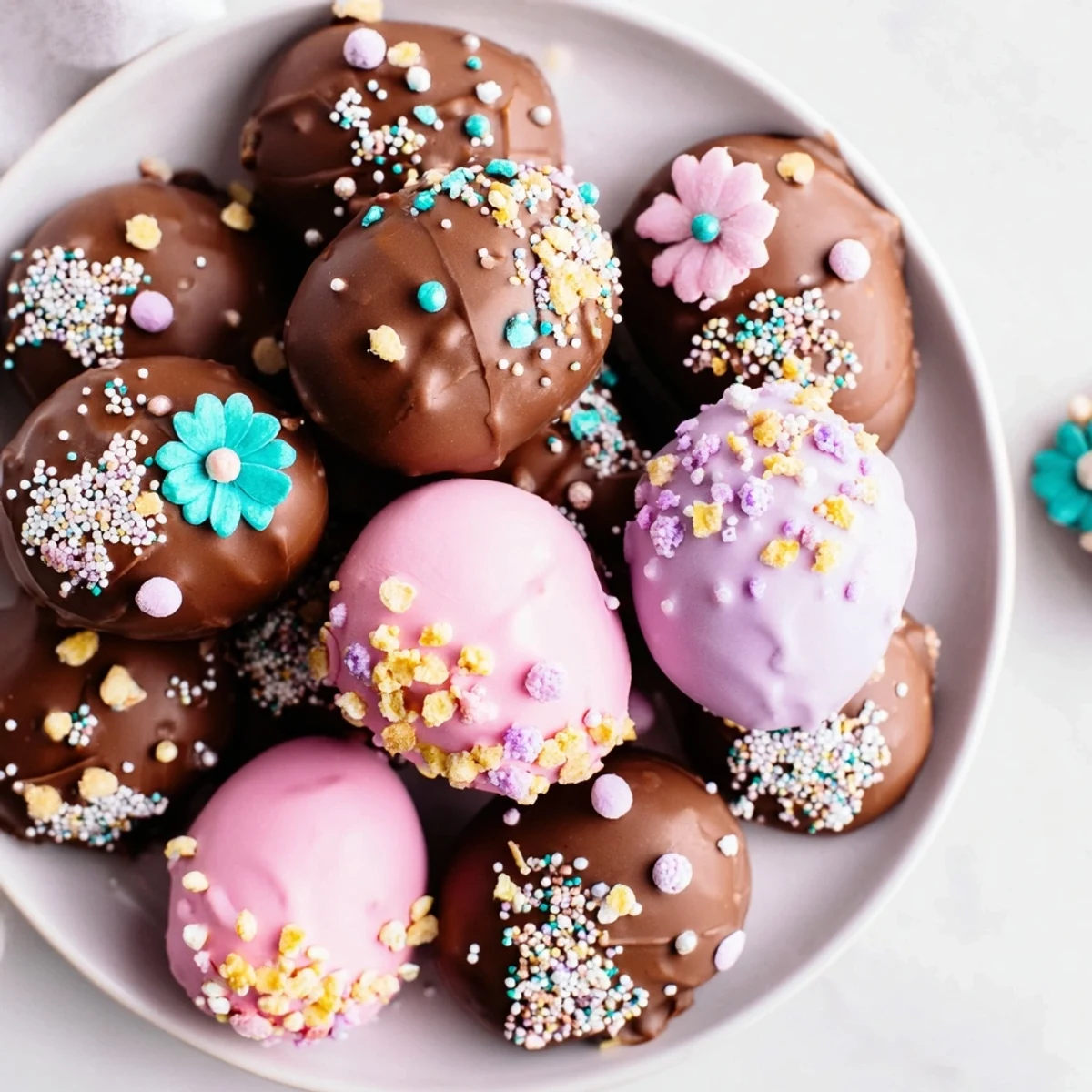Vibrant Easter egg candy display, featuring a variety of colorful, decorated homemade egg treats.