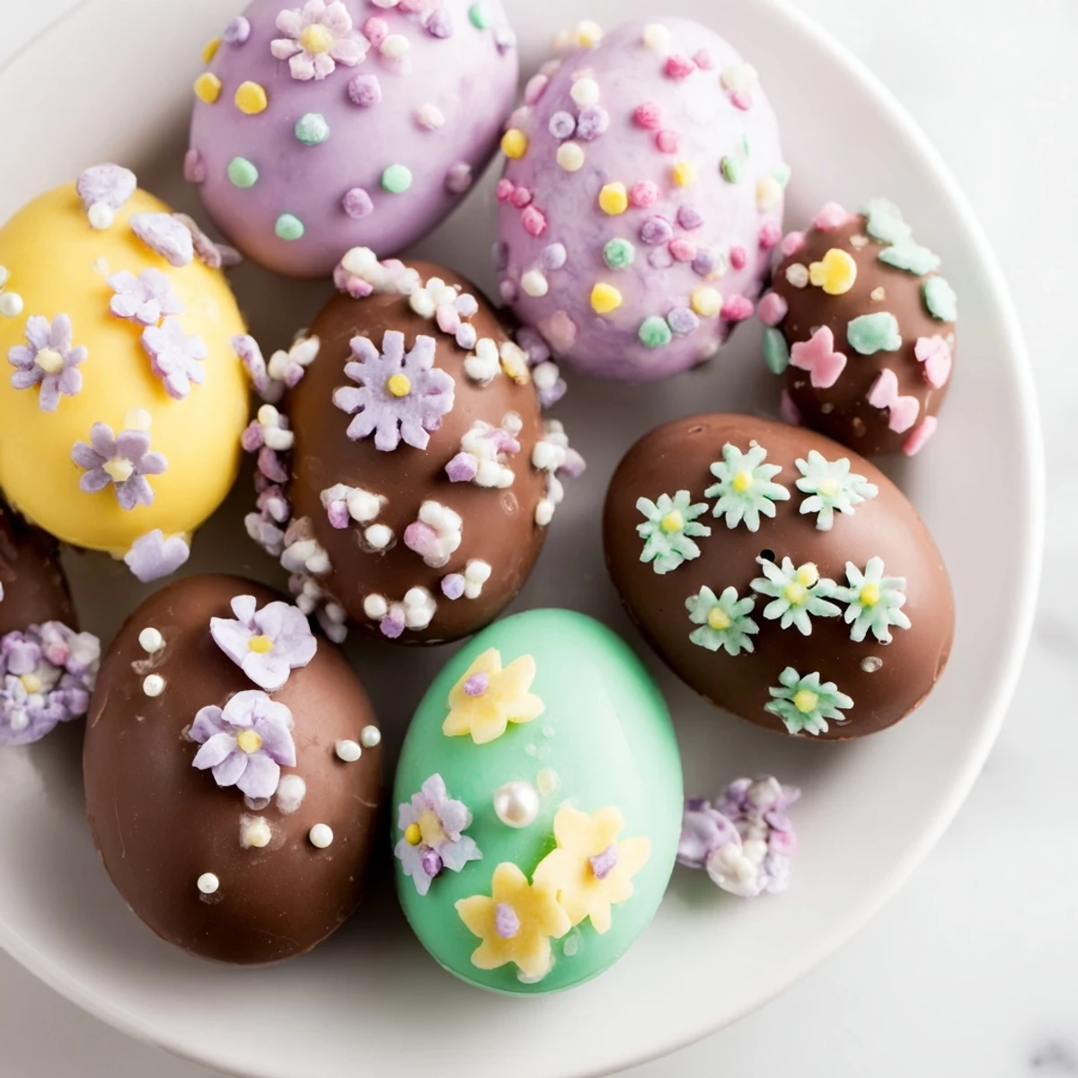 Delectable and artfully arranged Easter candy; colorful and fun decorated egg sweets.