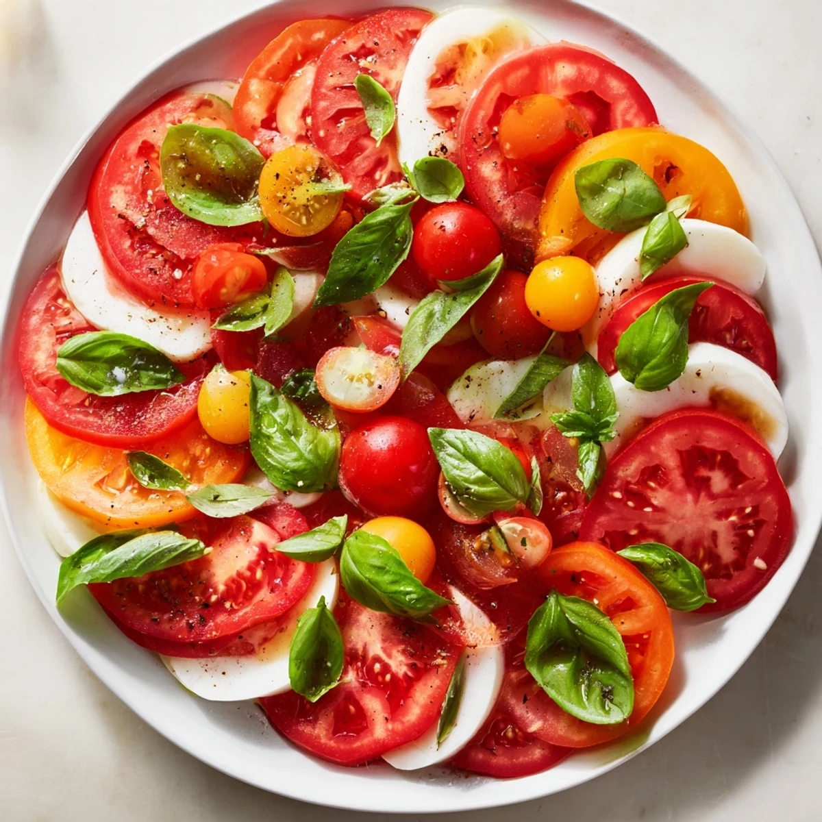 Vibrant Starfish Caprese Salad with juicy tomatoes, creamy mozzarella, and fragrant basil, ready to eat.
