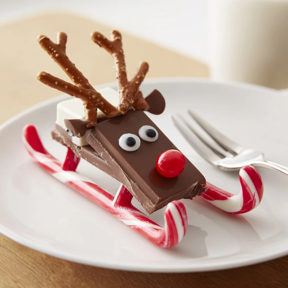 Festive Rudolph Candy Cane Sleds, with red noses and pretzel antlers, look like fun holiday treats!