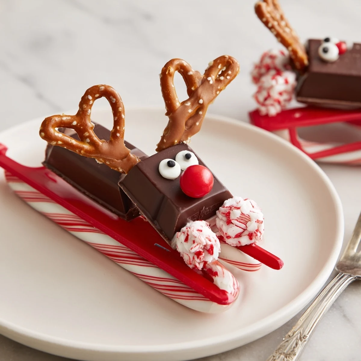 Sweet and easy Rudolph Candy Cane Sleds, featuring mini chocolate bars and bright candy eyes, ready to eat.