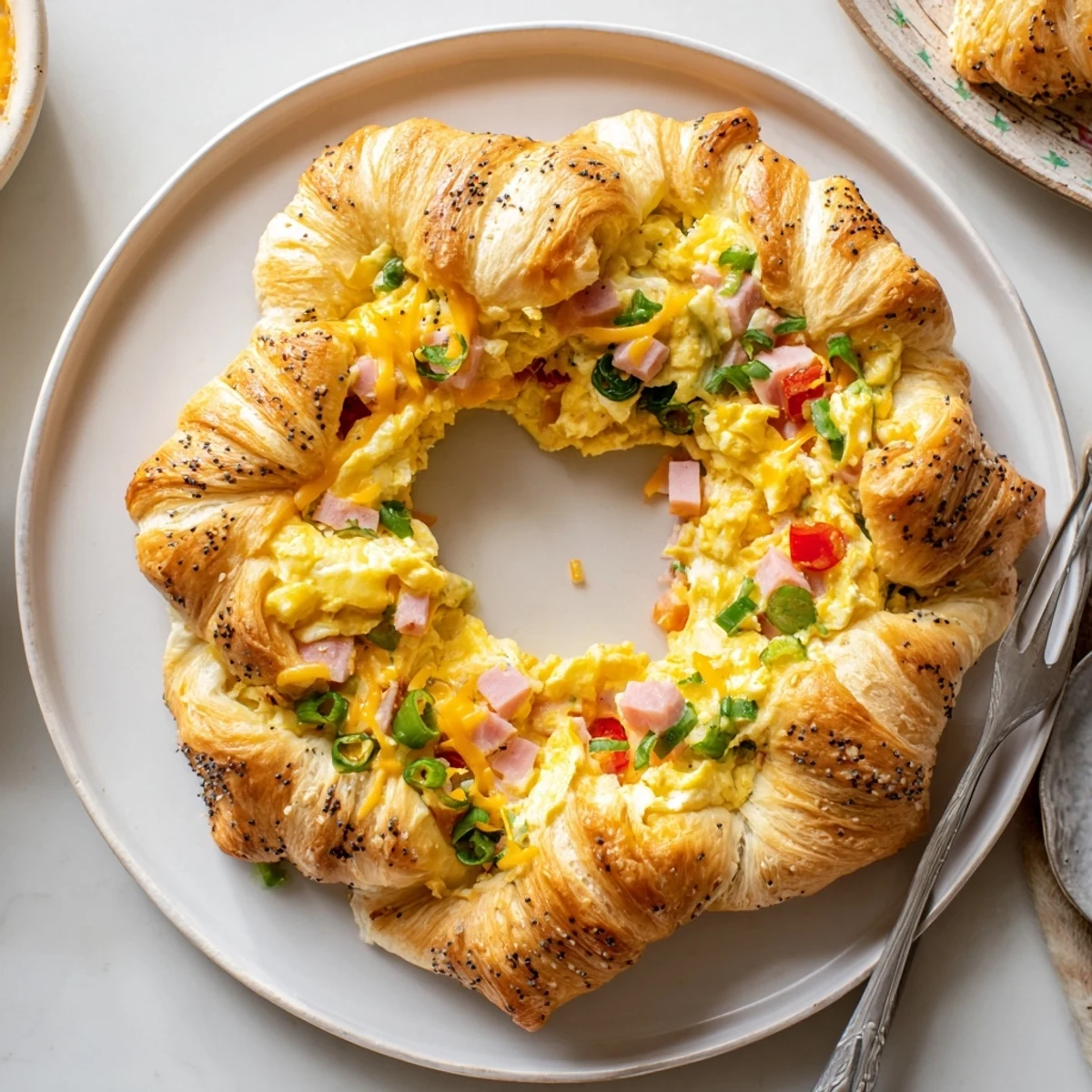 Golden brown Wreath-Shaped Egg and Ham Bake, a savory brunch delight with bubbly cheese and fluffy eggs.