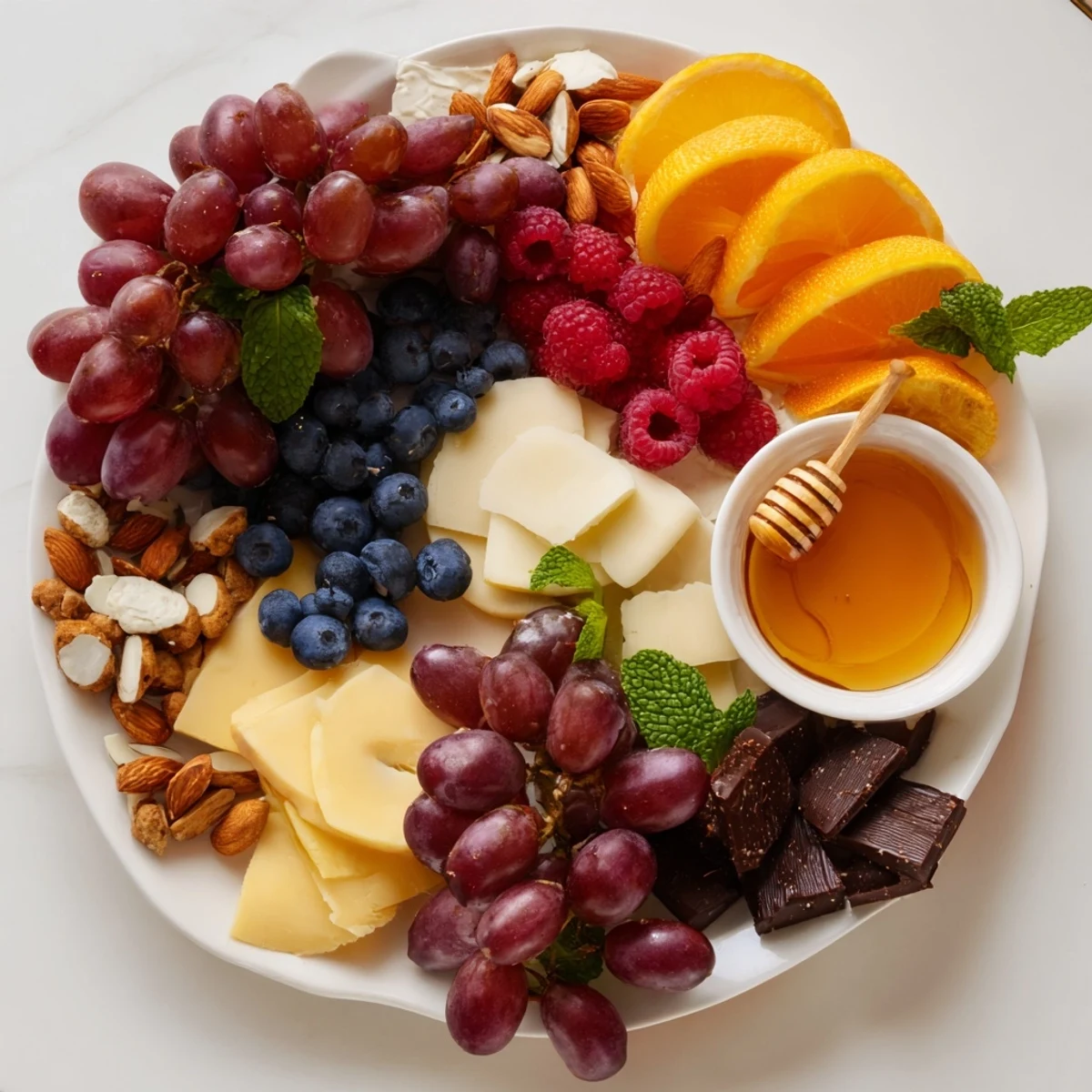 Vibrant Grapes of Fortune dessert board with assorted cheeses, chocolates, and fresh grapes for a festive celebration.