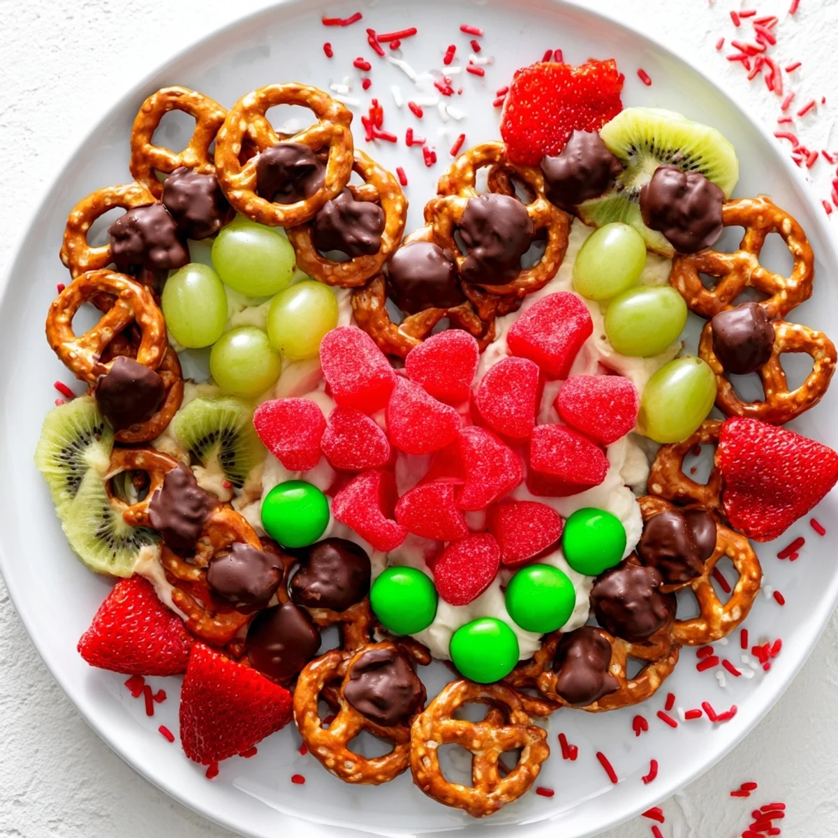 A sweet and savory Grinch's Heart Pretzel Board with colorful fruits, perfect for holiday snacking.