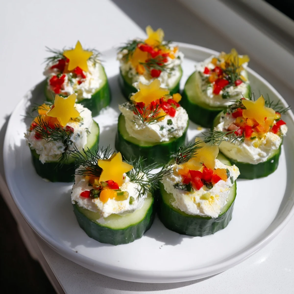 Holiday Star Cucumber Bites, colorful and cool, topped with a creamy cheese spread and fresh dill.