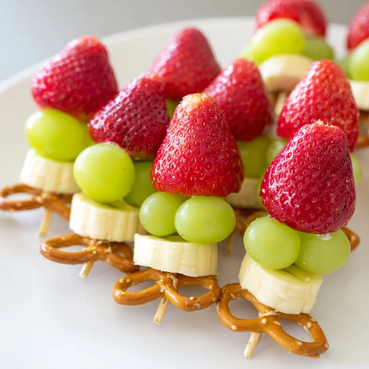 Bright red Elf Hat Strawberry Skewers topped with green grapes, a fun and festive snack bursting with fresh fruit flavors.
