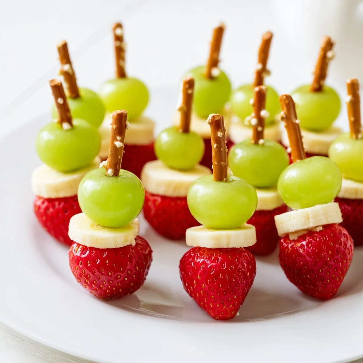 Delicious Elf Hat Strawberry Skewers showcase ripe strawberries on banana hats, a delightful and easy kid-friendly recipe.