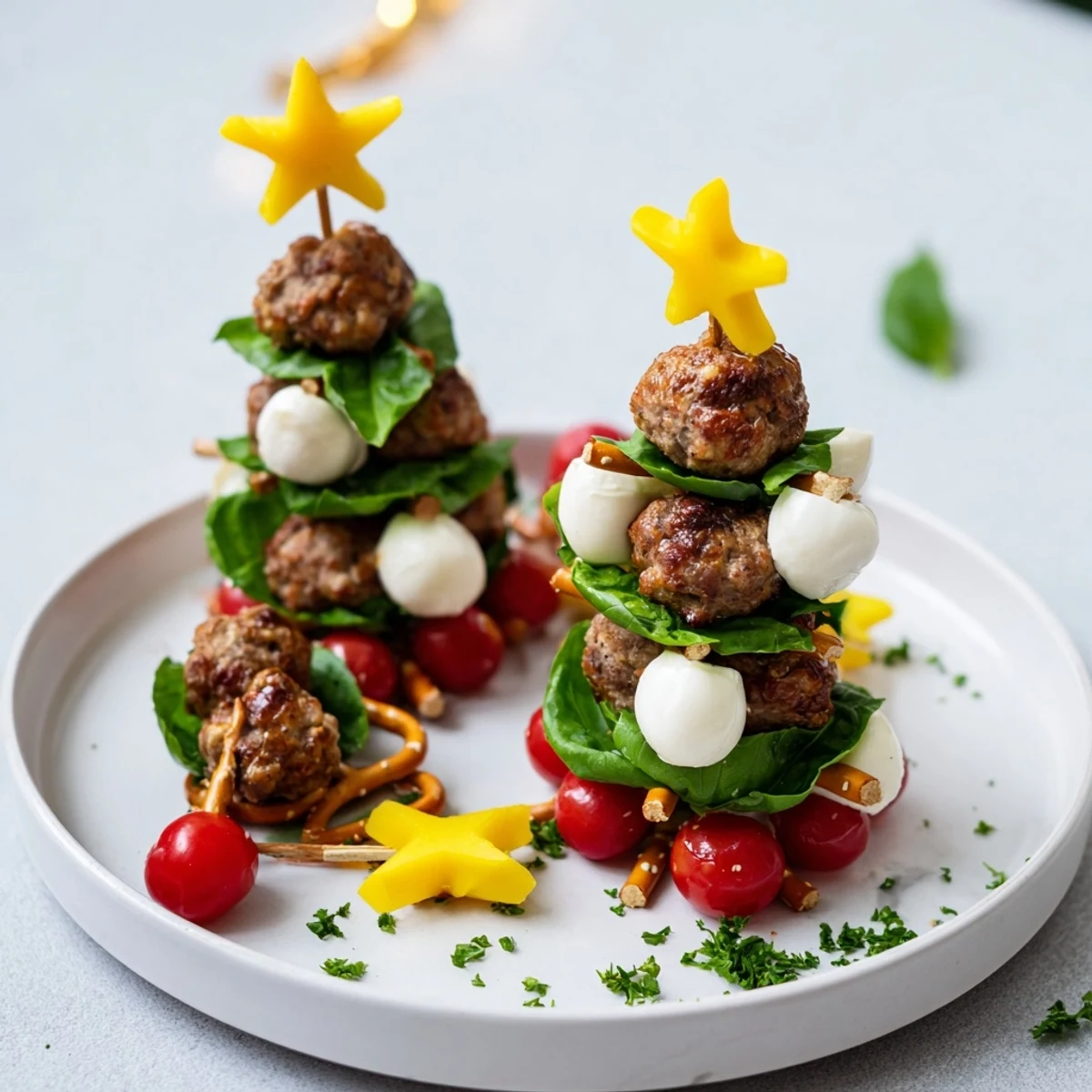 Savory bites, mini meatball Christmas Trees, stacked with mozzarella and basil for a delicious holiday appetizer.