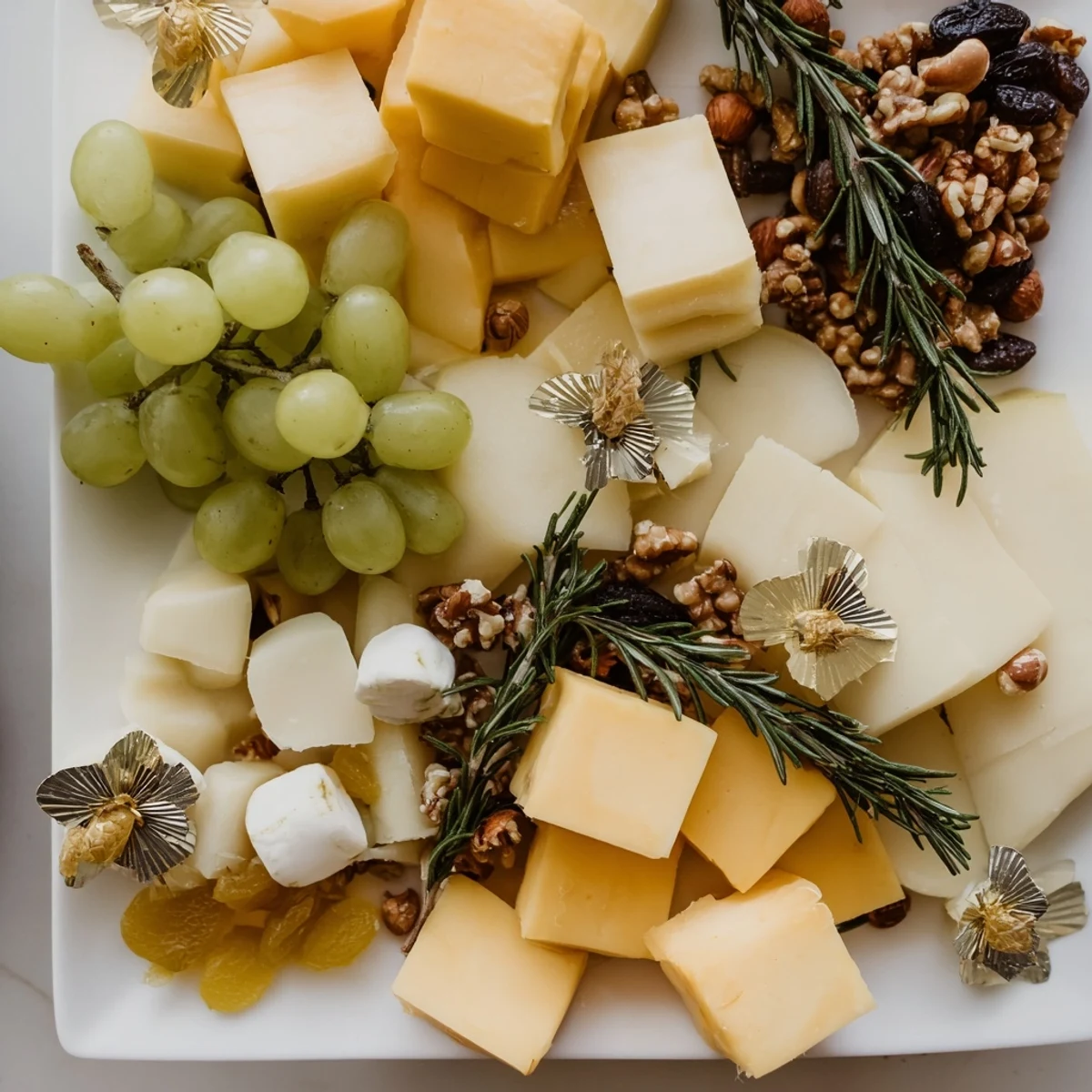 Golden cheddar and Manchego cheese cubes with grapes and nuts, a beautiful Gold and Silver Cheese Cube Board.