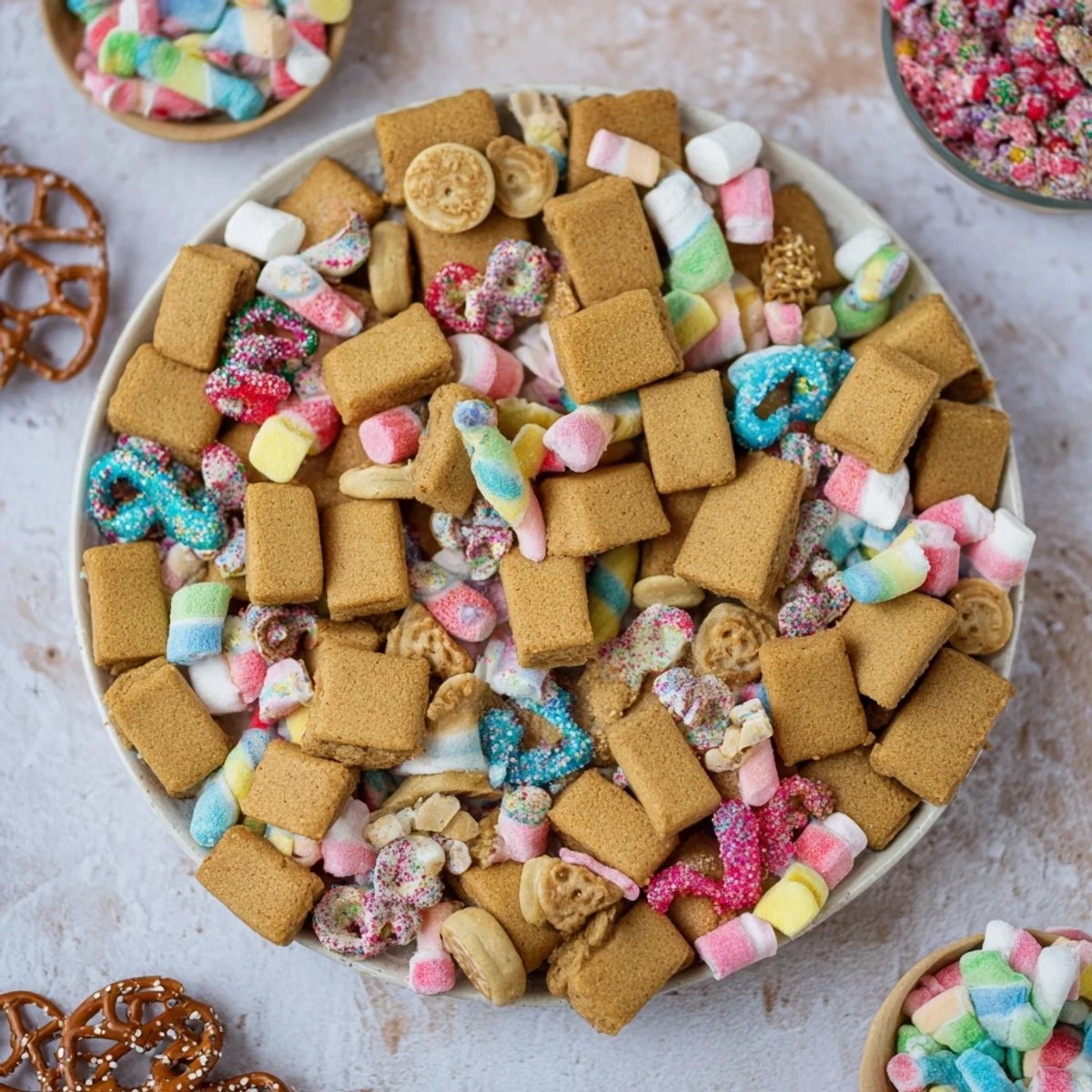 A brightly arranged Candy Land gingerbread path dessert board overflowing with colorful candies and treats.