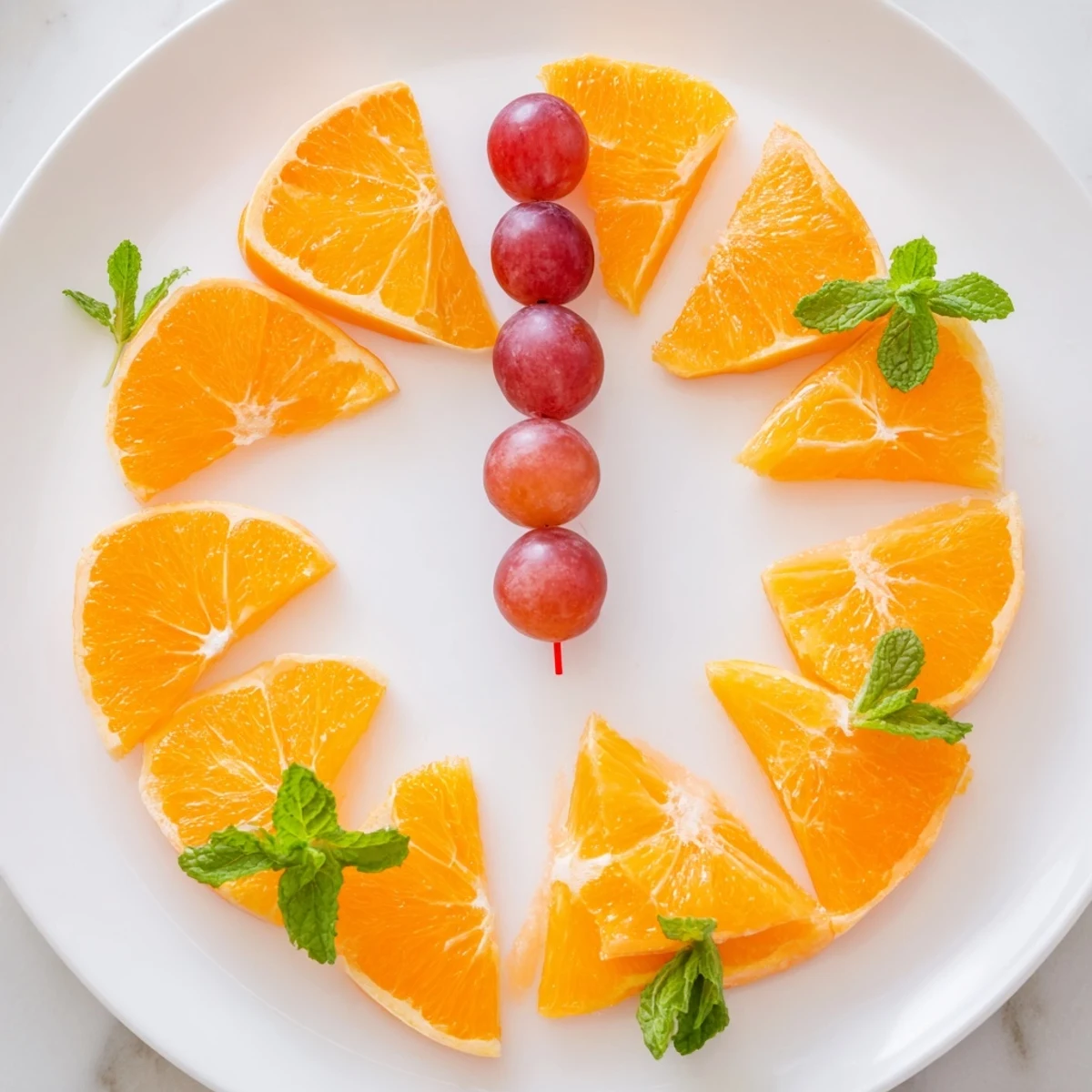 Vibrant Grape and Orange Slice Clock Face with juicy segments and sweet grapes ready to eat.