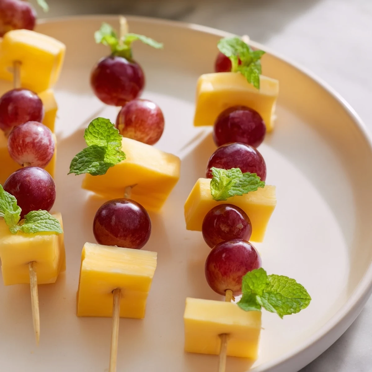 Vibrant cheese and grape skewers, a vegetarian delight with varying cheese textures and sweetness.