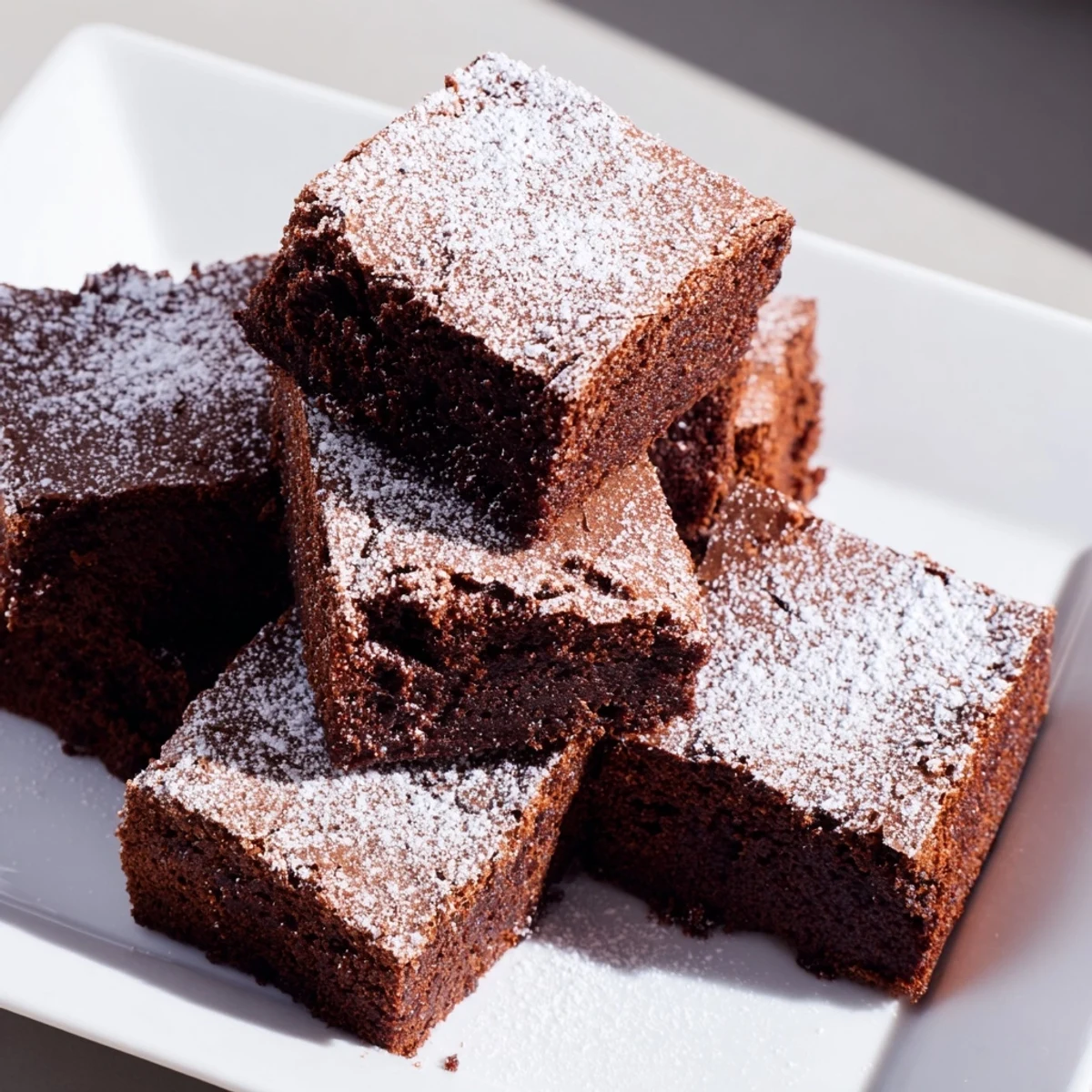 Fudgy brownie squares, dusted with powdered sugar, ready for a delicious dessert.