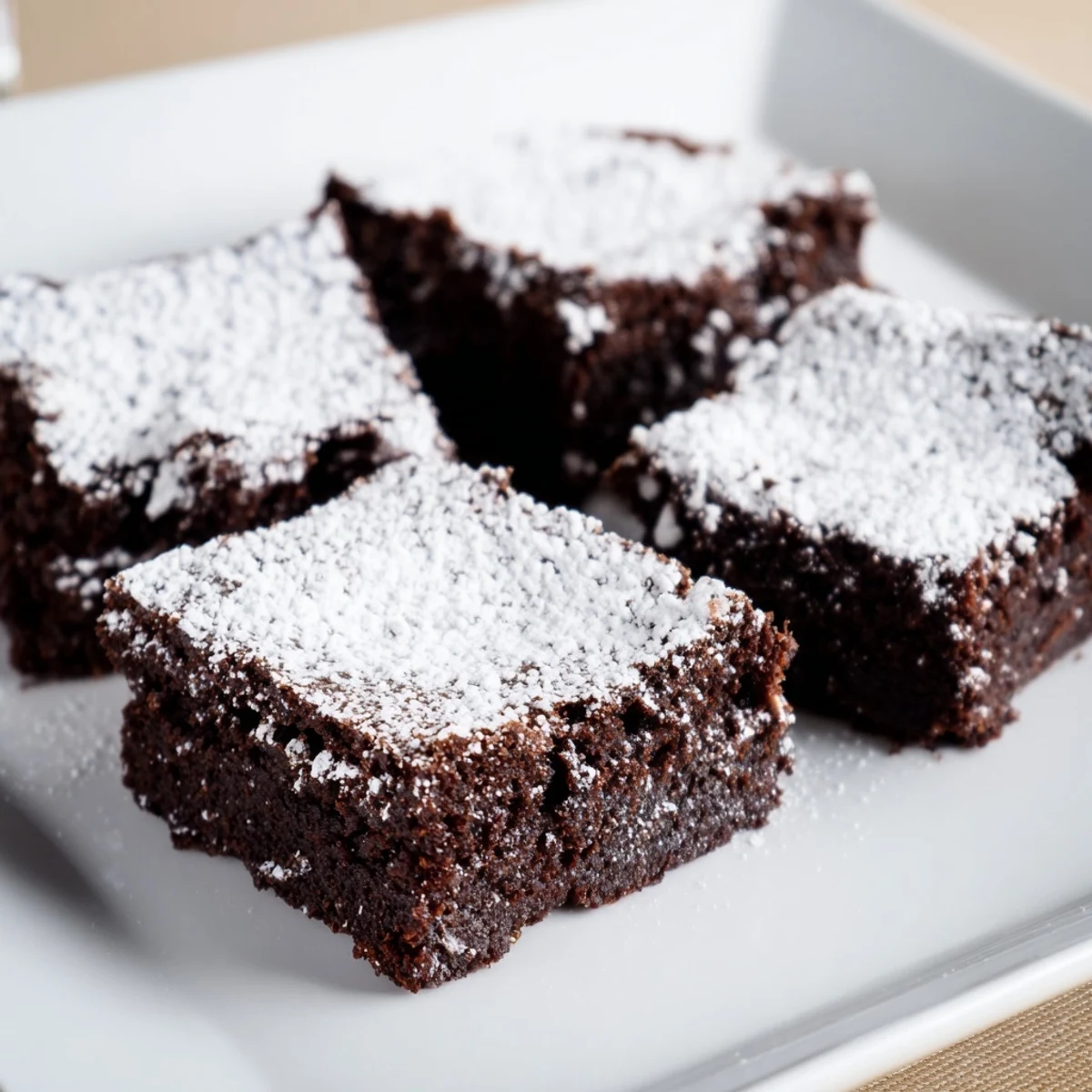 Rich, dark chocolate brownie squares are perfectly dusted with powdered sugar for a treat.