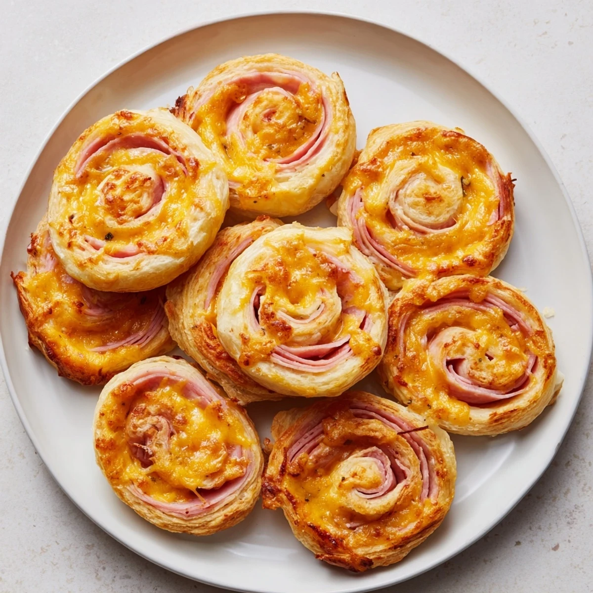 Golden, flaky savory Ham and Cheese Pinwheel Rolls fresh from the oven, ideal party appetizer.