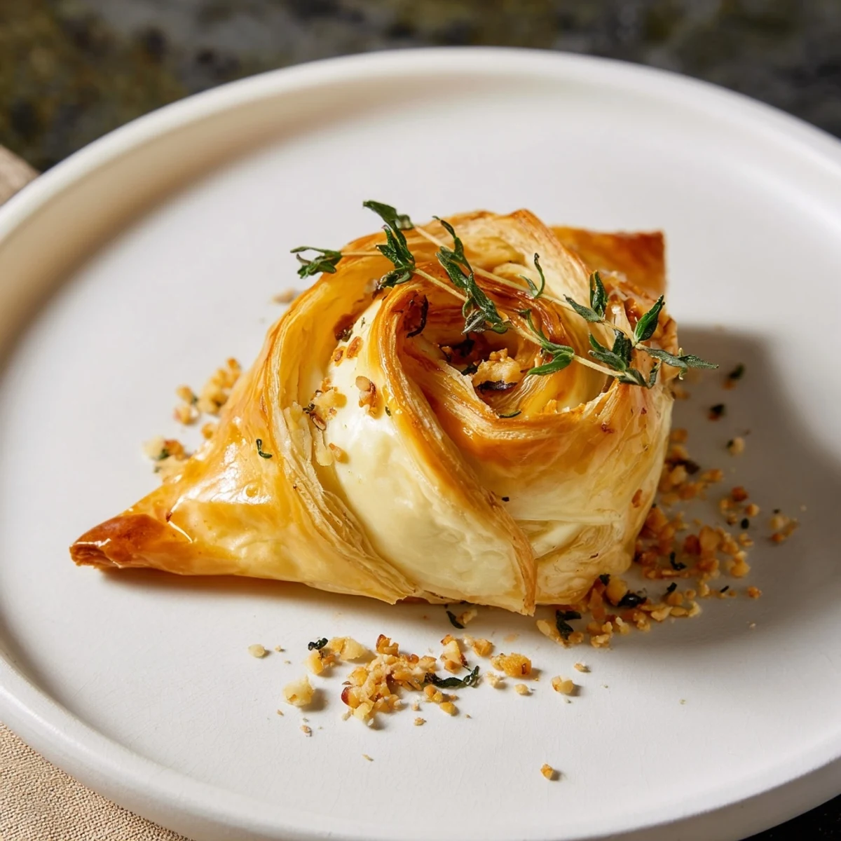 A close-up shot of a cheesy Baked Brie, the pastry golden, with a delicious fig jam center.