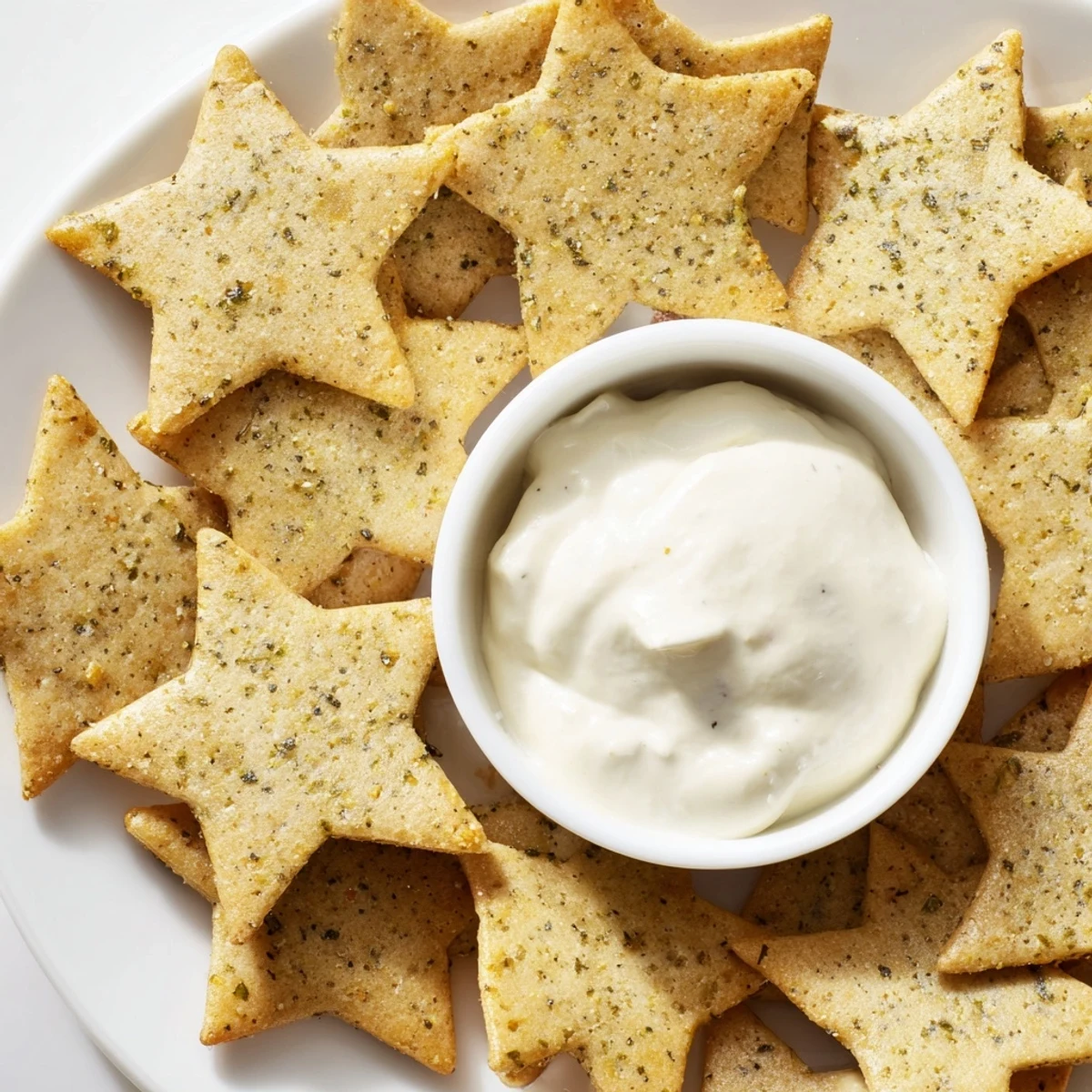 Crispy baked Holiday Crackers, star-shaped and golden, surrounded by creamy herbed dip.