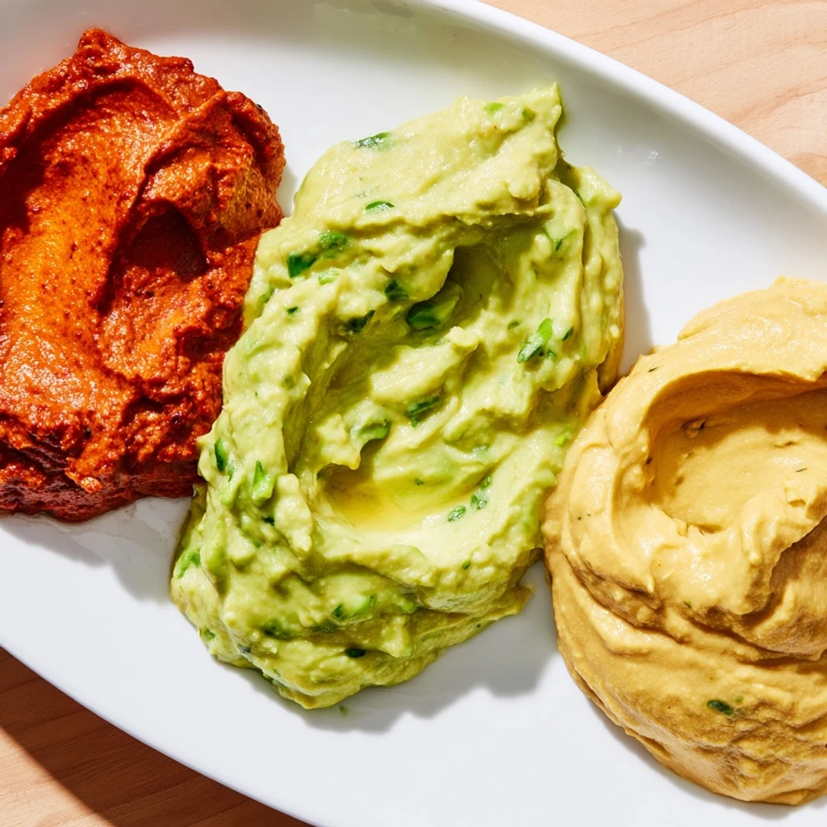 A visually striking image of a Dip Trio featuring avocado, red pepper, and turmeric hummus dips.