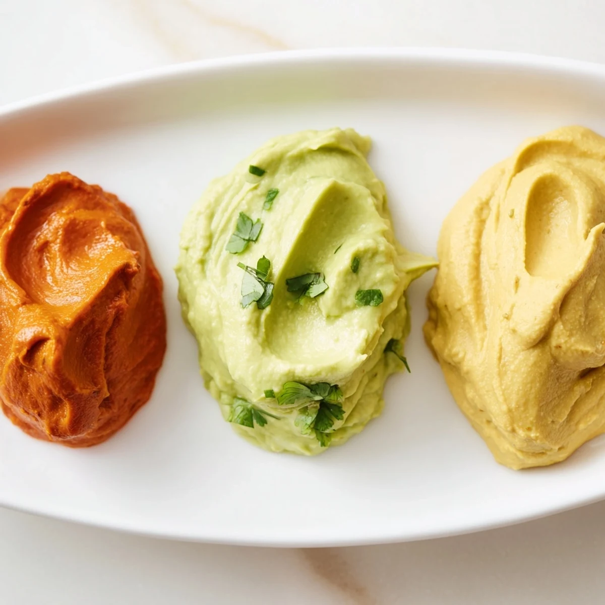 Three vibrant dips, including a turmeric hummus, on display, making up this flavorful Dip Trio.