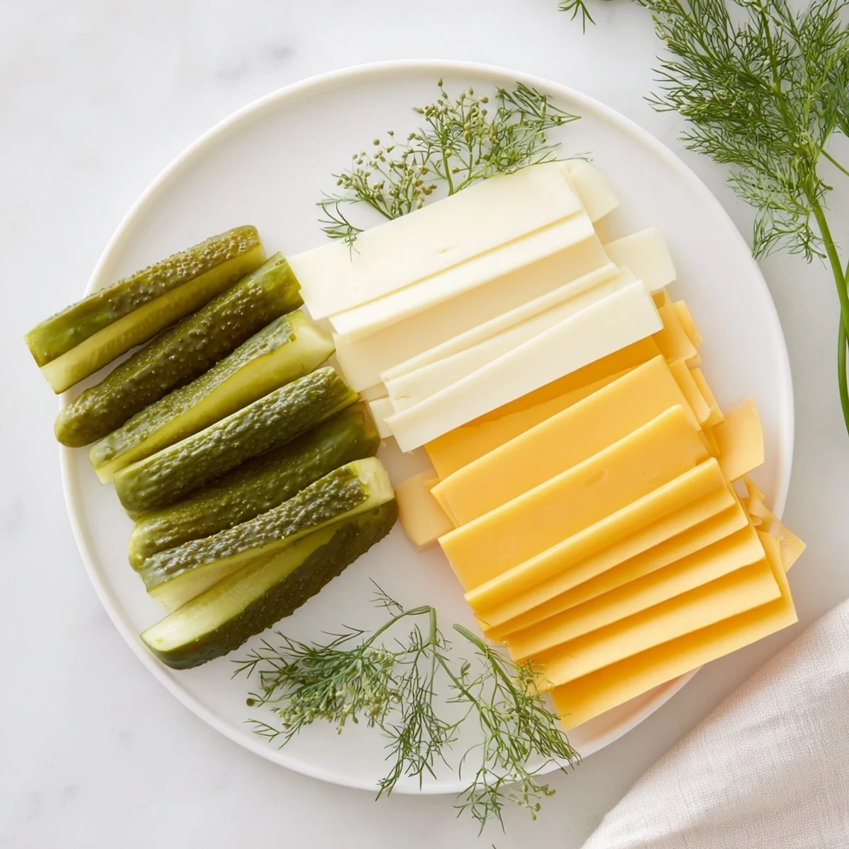 Sliced cheeses and dill pickles arranged on a platter ready to be served as an appetizer.