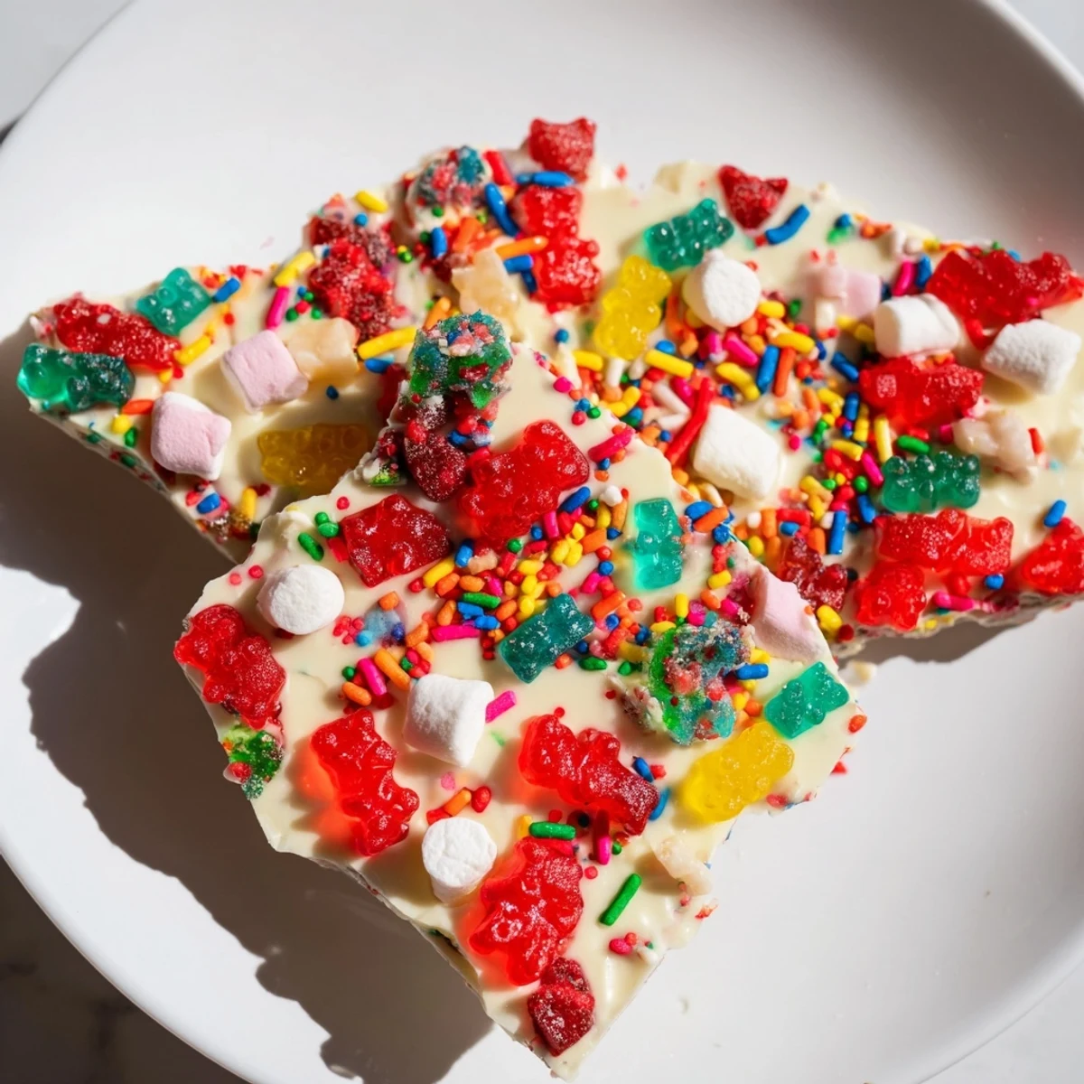 Colorful image: Gummy bears and candy canes scattered on a chocolate bark, perfect sweet treats.