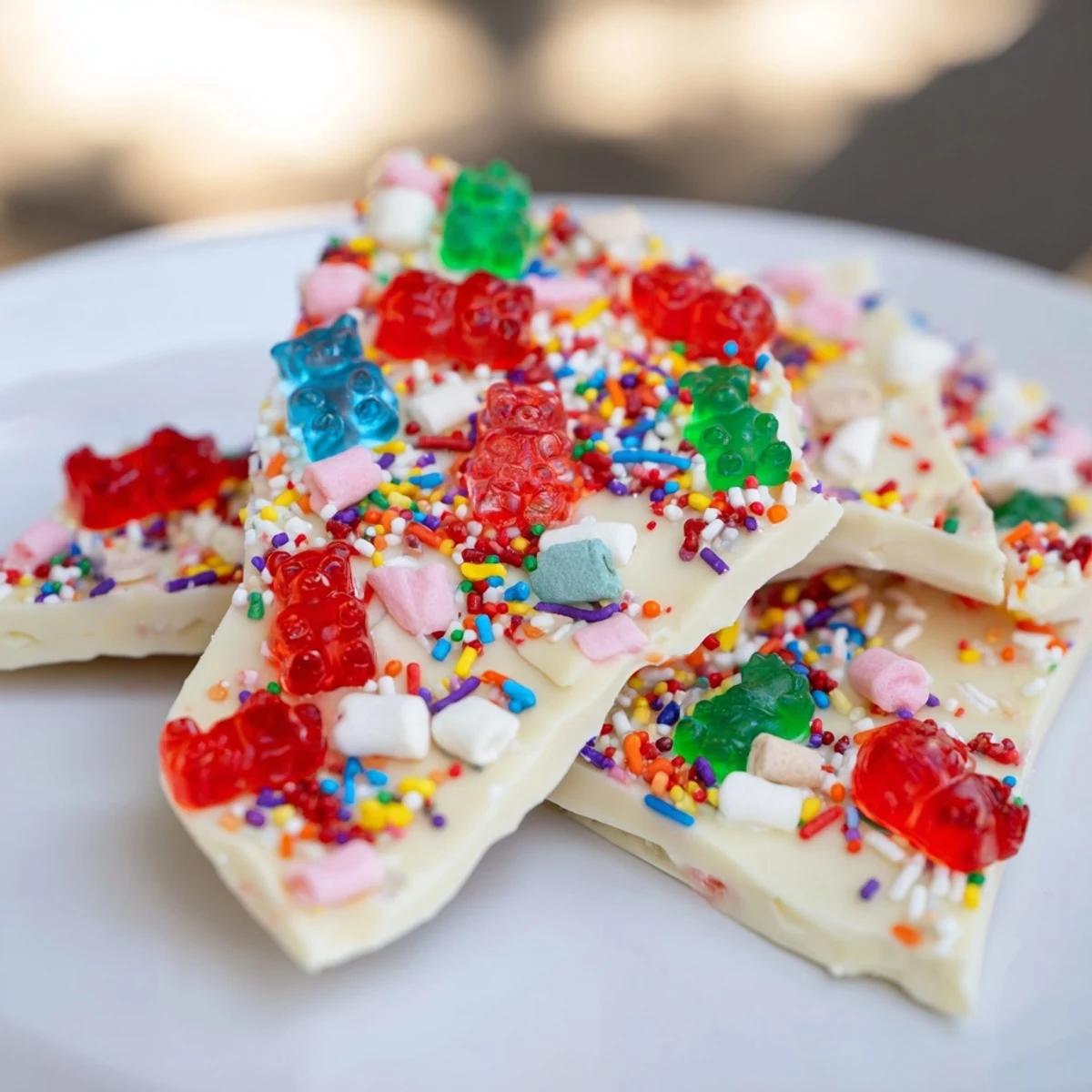 Brightly colored, festive garnish of gummy bears, candy canes, and marshmallows atop sweet chocolate dessert.