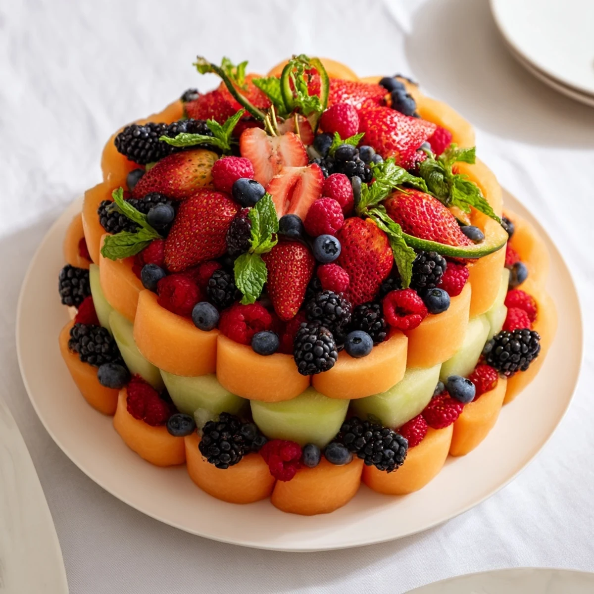 Vibrant, layered Fruit Platter showcases colorful melon and berry circles, perfect for summer entertaining.