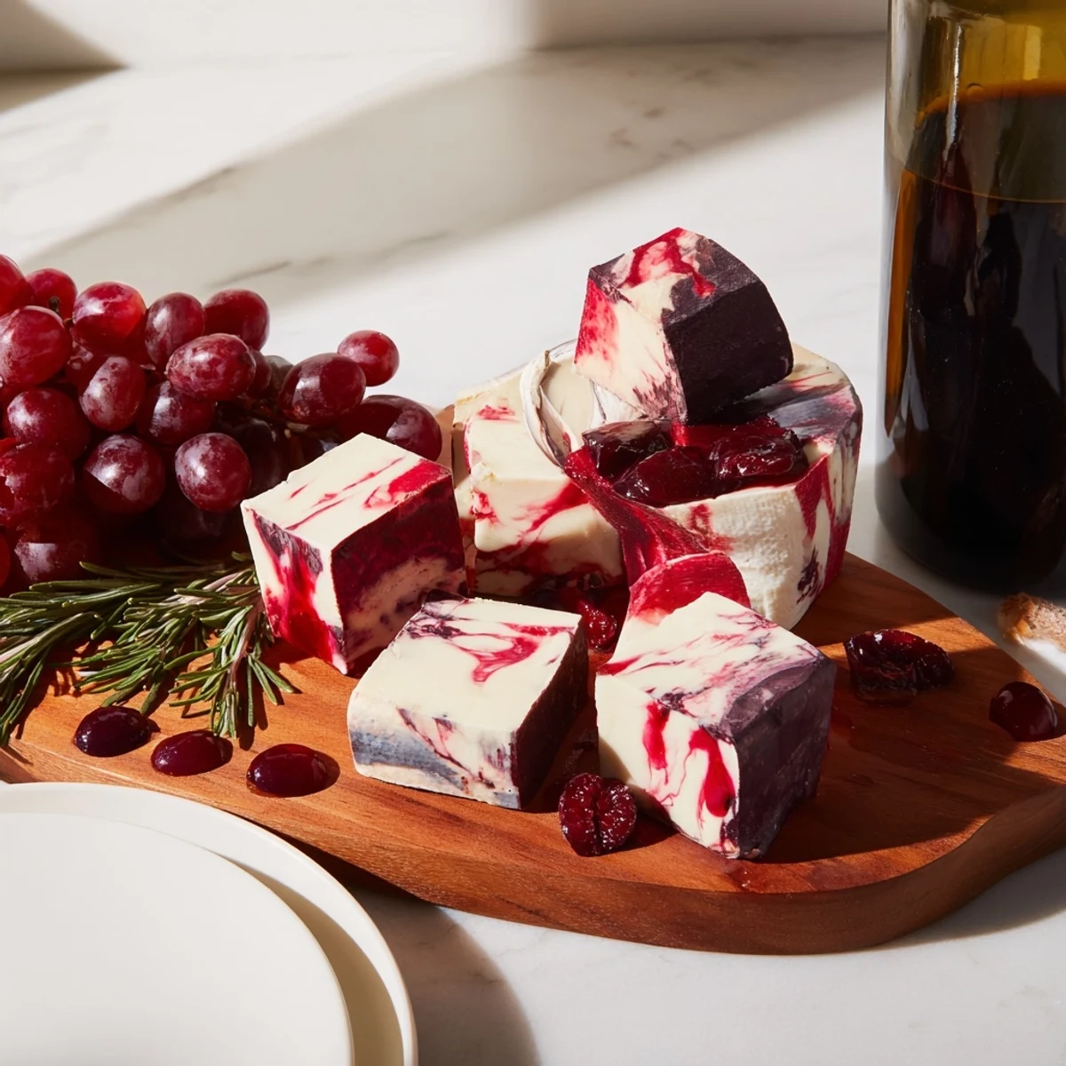 A vibrant Ruby Red Wine Stain Board with red wine-soaked cheeses and salami, ready to serve.