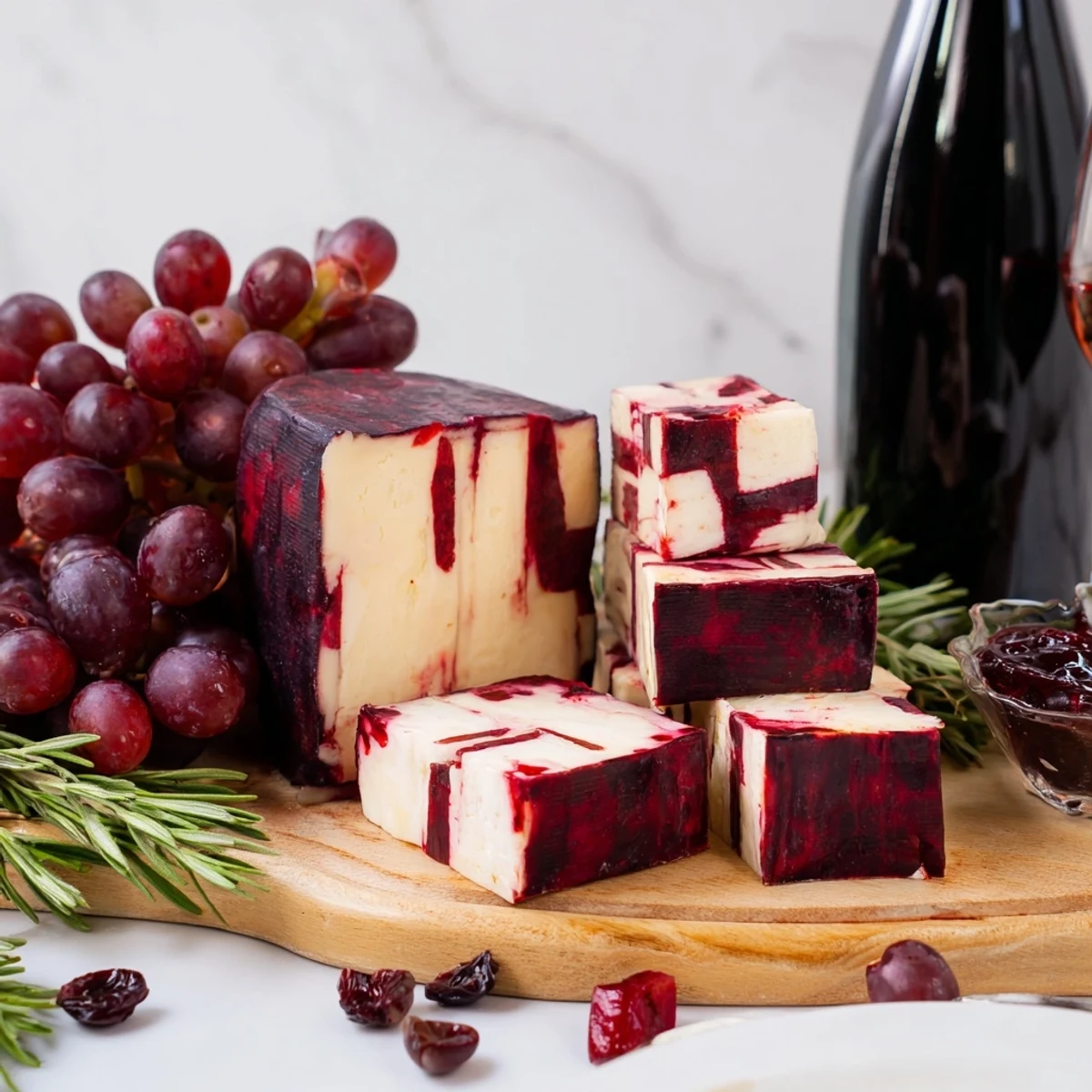 Delicious Ruby Red Wine Stain Board: a beautiful cheese board with red wine-infused flavors alongside a wine bottle.