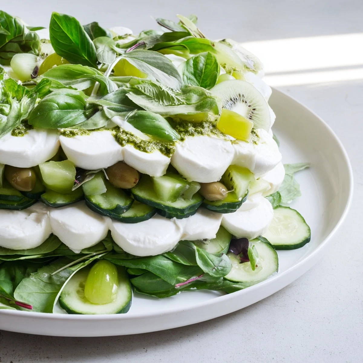Emerald Isle Greenscape salad with creamy mozzarella simulates a lush, green landscape, ready to serve.