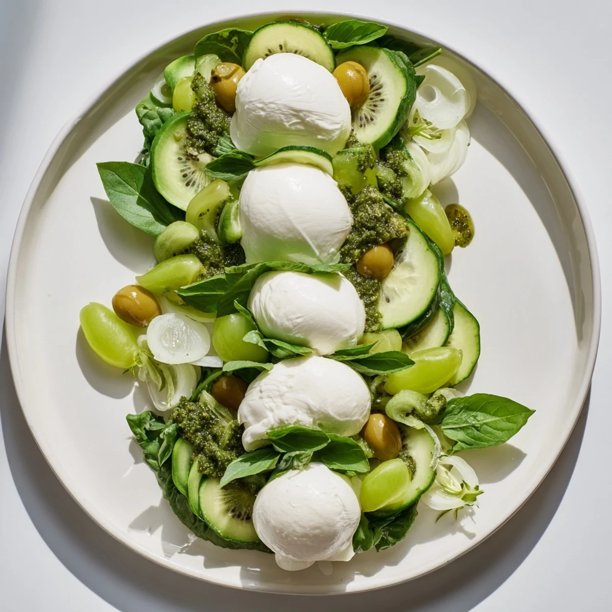 This vibrant Emerald Isle Greenscape salad features fresh spinach, arugula, and a beautiful mozzarella river across greens.