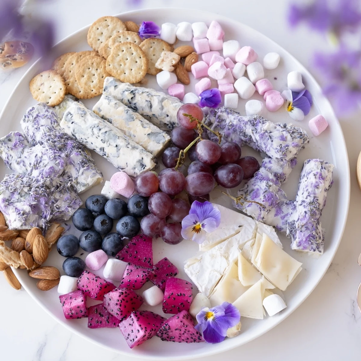 A colorful Lavender Haze Dreamscape cheese board is arranged with cheeses, fruits, and edible lavender flowers.