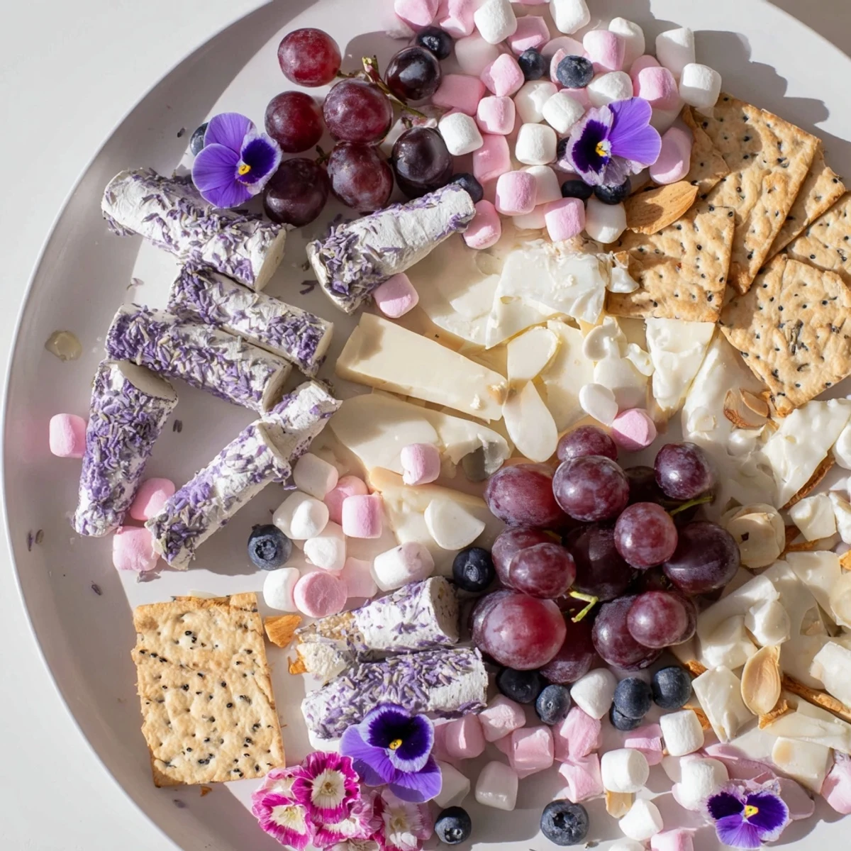 This Lavender Haze Dreamscape is a beautiful cheese board with creamy cheeses and pastel, dreamlike fruits.