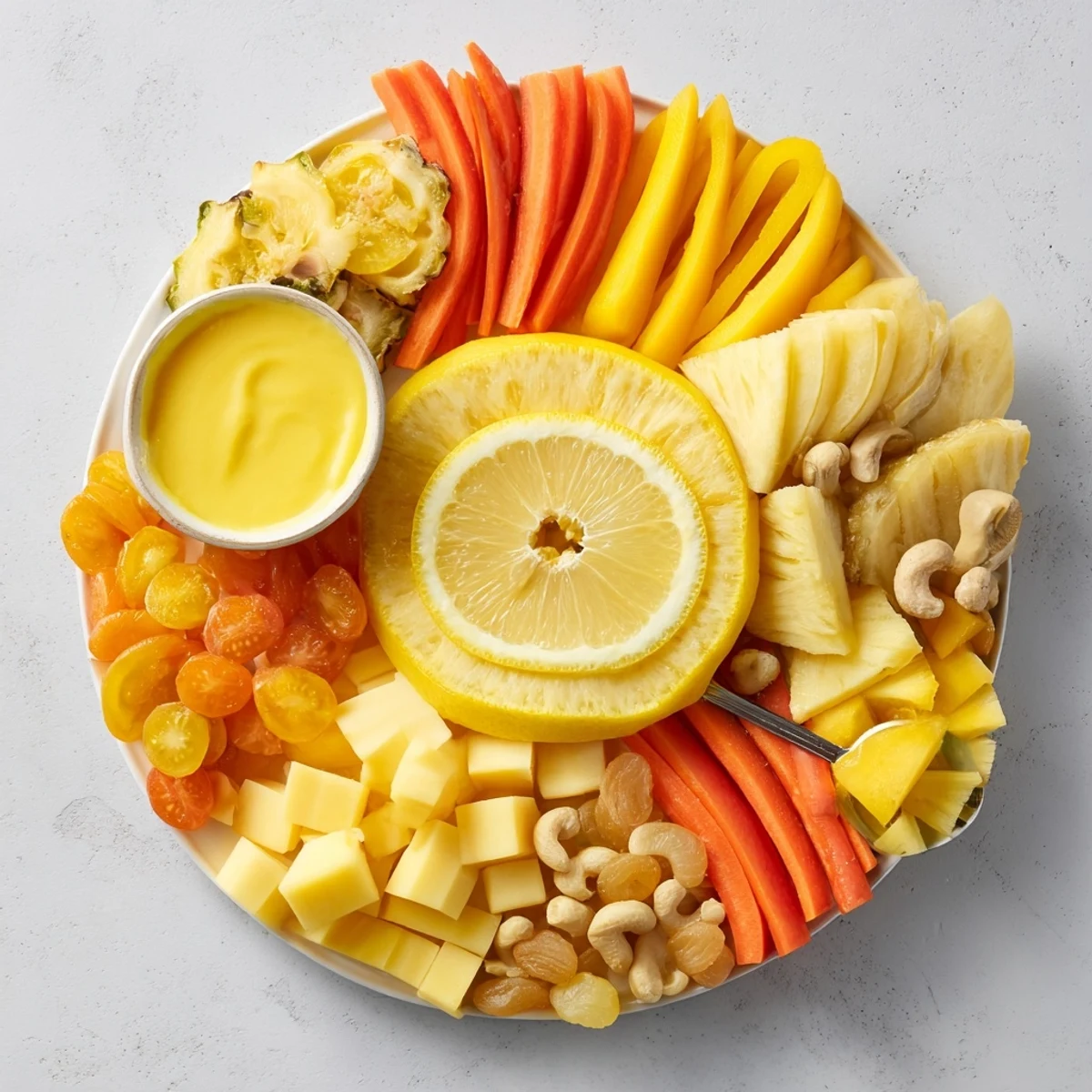 Vibrant 57, Sunny Yellow Citrus Burst grazing board overflowing with fresh fruits and cheeses, ready to enjoy.