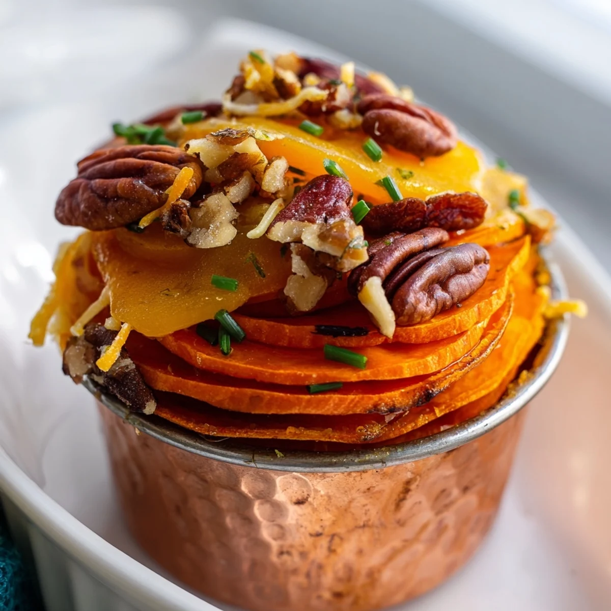 Copper Penny Warmth appetizer with melted cheddar, colorful vegetables, and toasted pecans in ramekins.