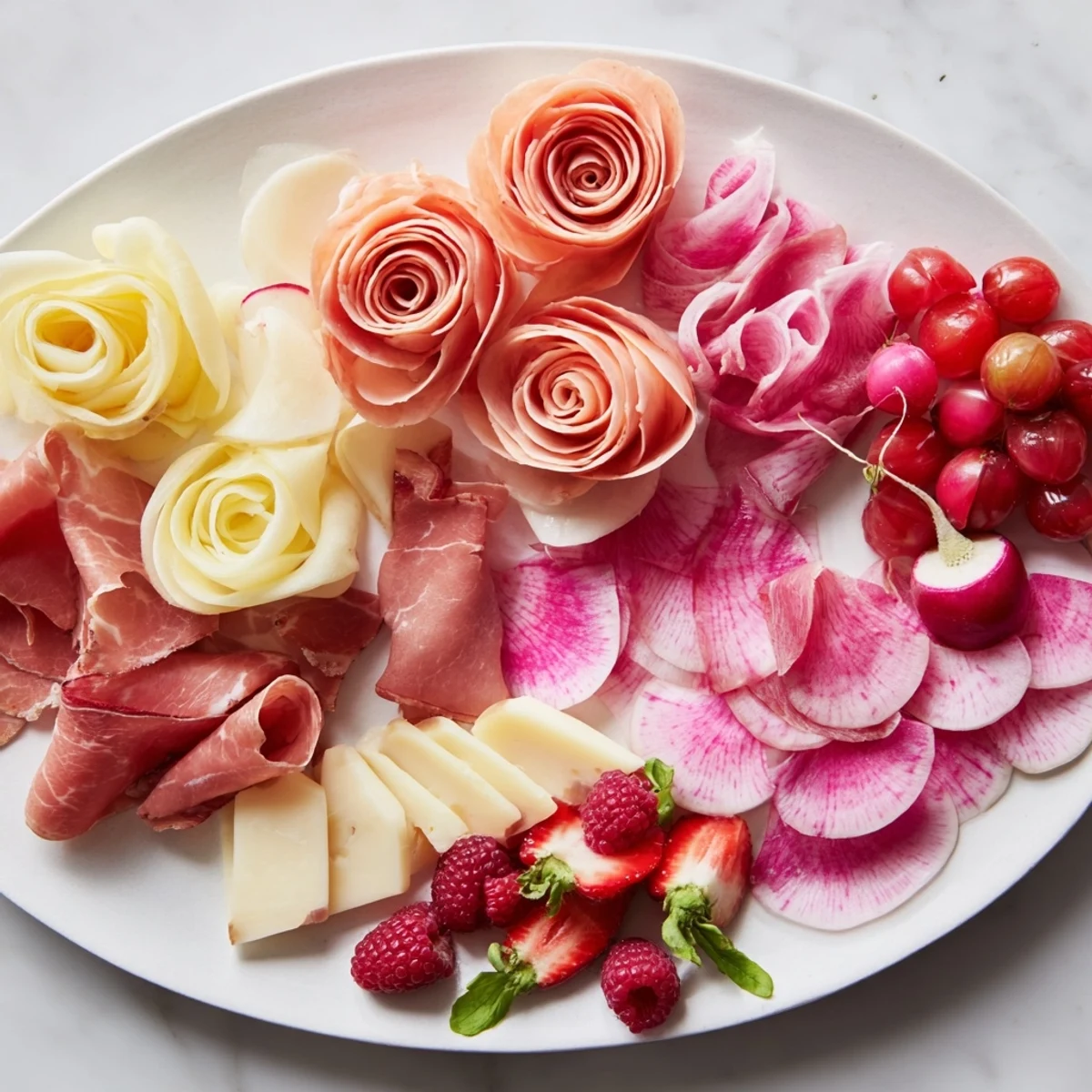 Pink petal watercolor wash appetizer platter with vibrant pink charcuterie, cheeses, and radishes.