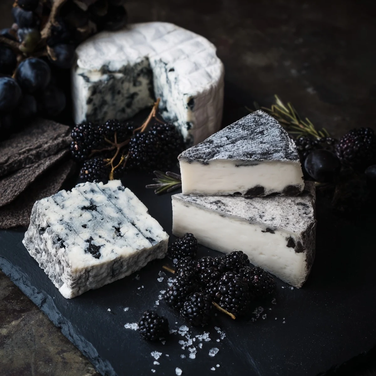 Elegant Monochrome Gray Stone Cheese Board, showcasing ash-rinded cheeses, crackers, and fruits for an appetizer.