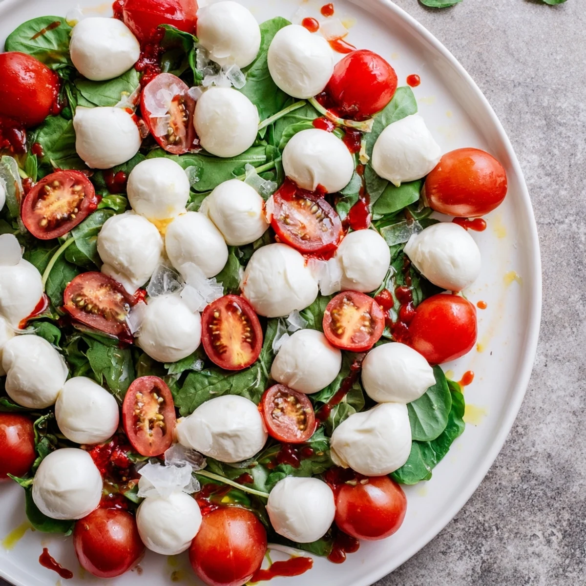 Taste the freshness: a Pearly Strand salad with mozzarella pearls and basil, drizzled with oil.