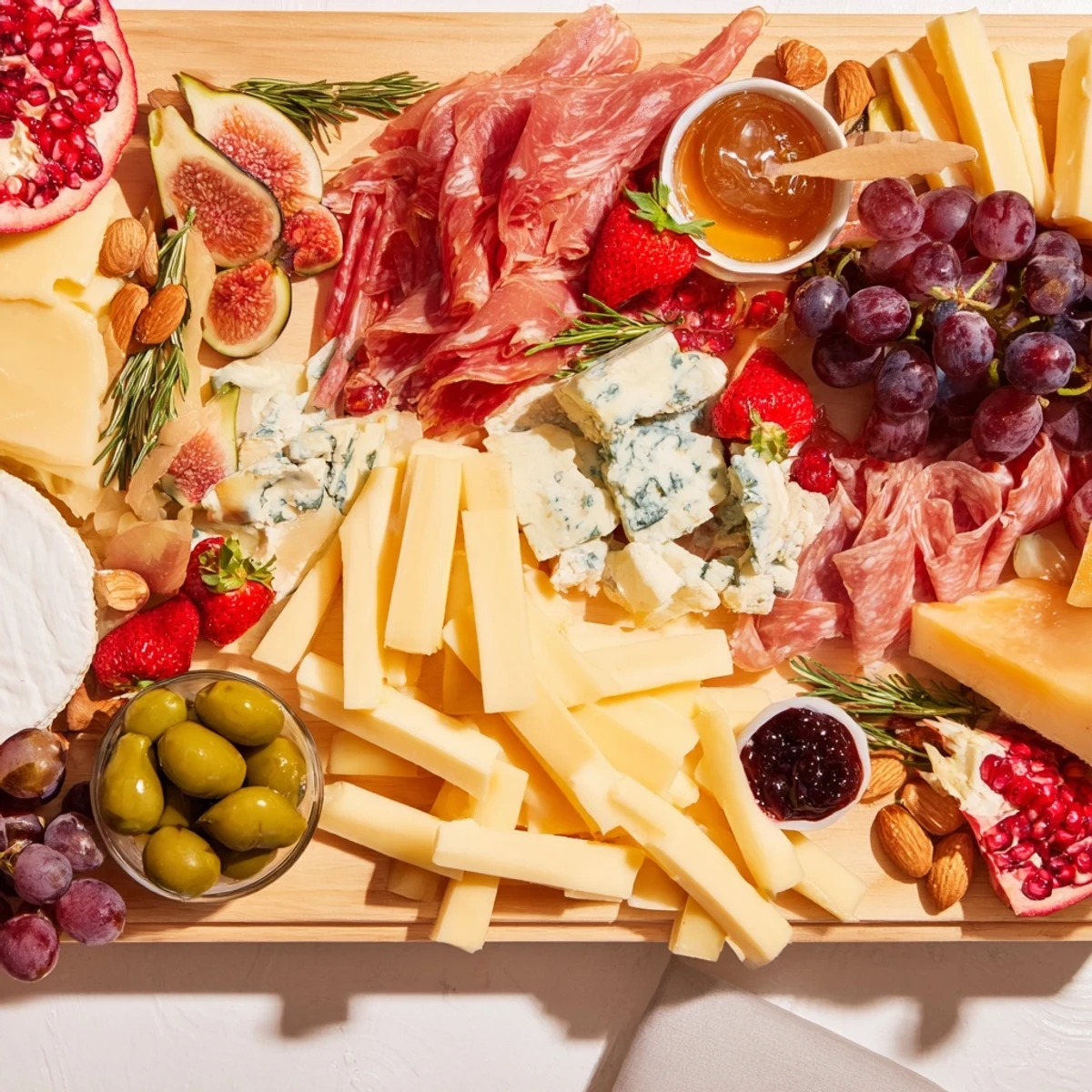 A vibrant The Final Curtain grazing board overflowing with cheeses, fruits, and charcuterie for guests.