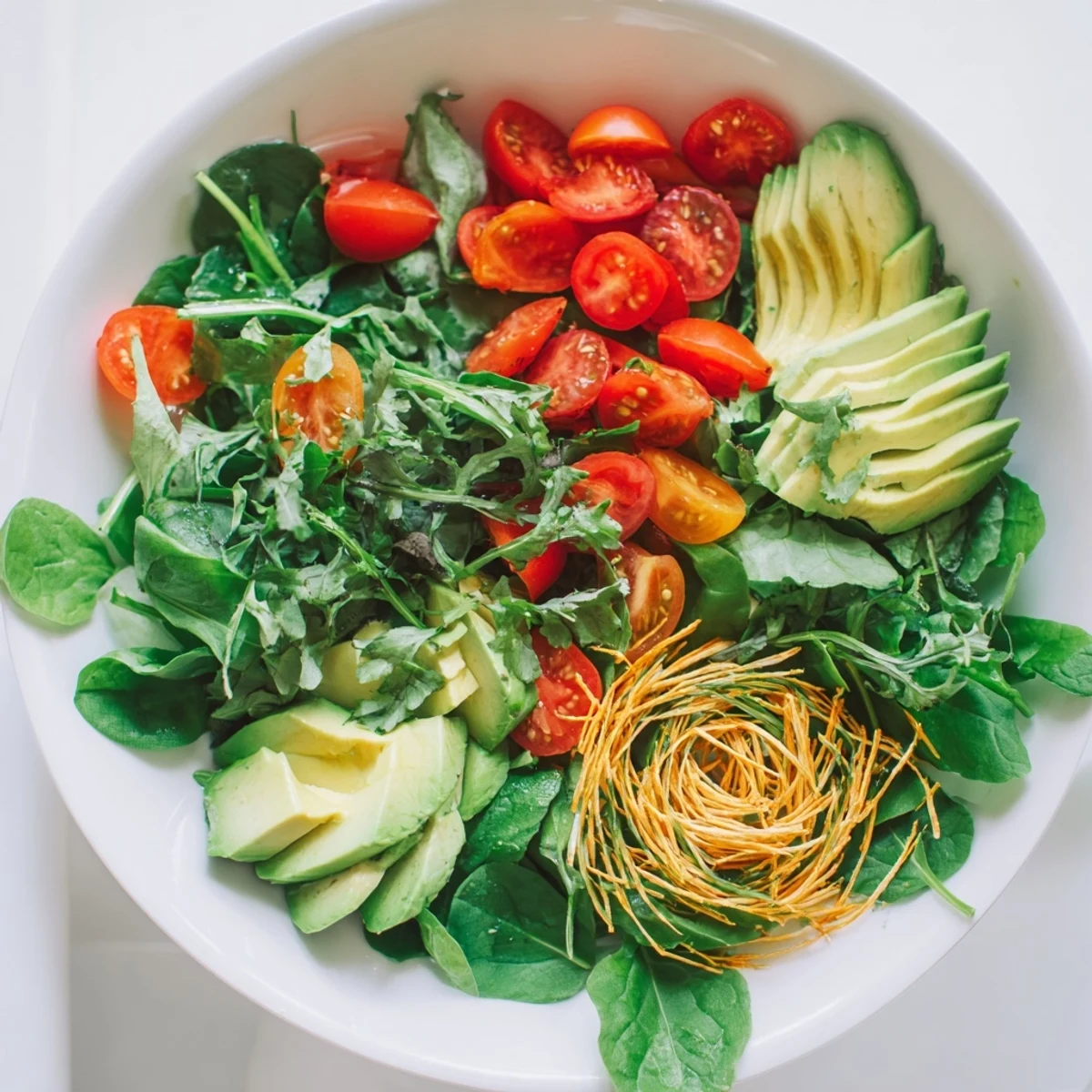 Fresh, artfully arranged Golden Ratio Salad with a striking visual appeal and a sprinkle of pine nuts.