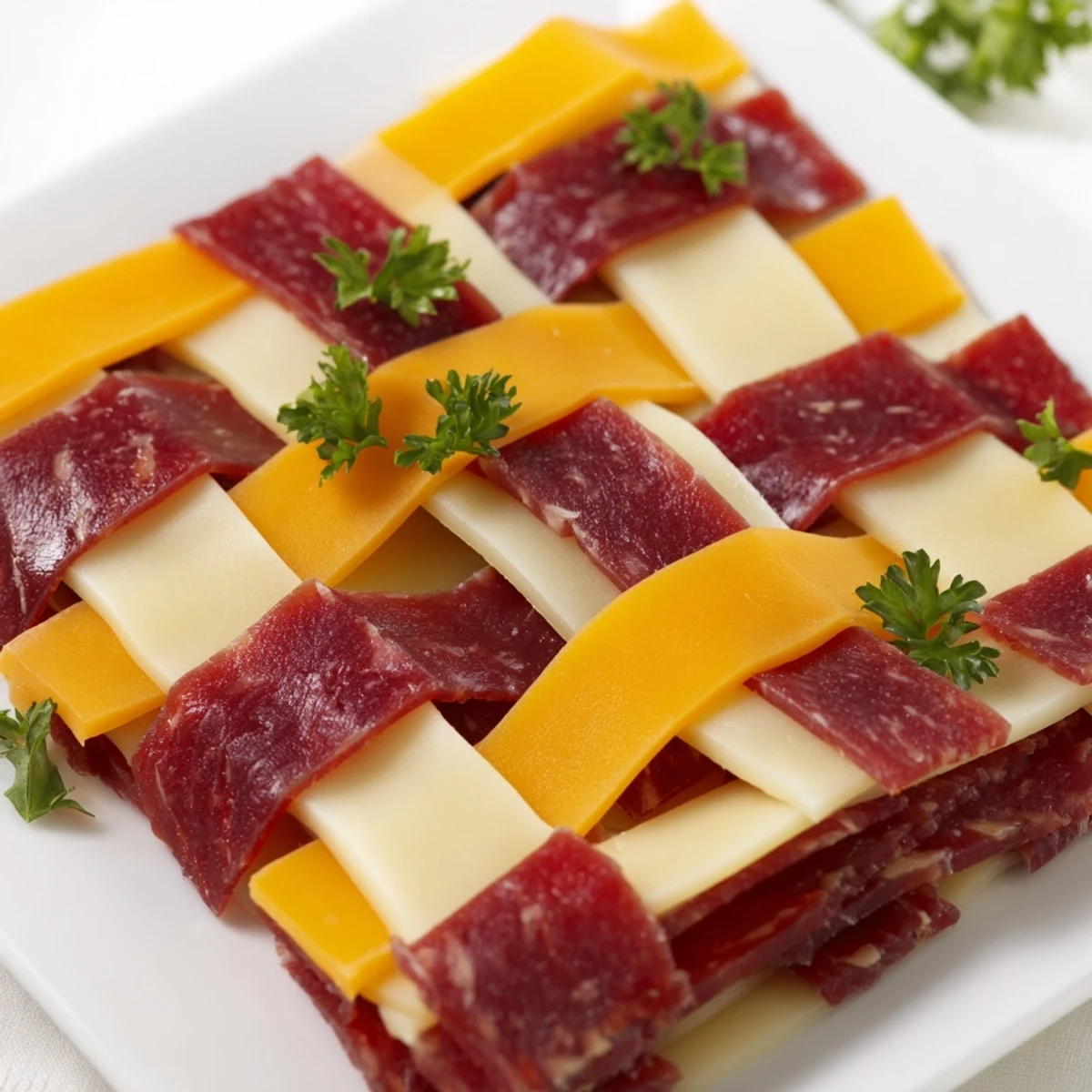 The Tartan Plaid appetizer, a colorful woven pattern made with jerky and cheese ready to eat.