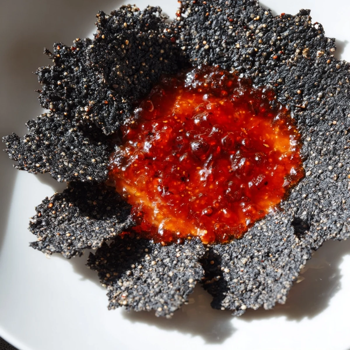 A close-up of The Volcanic Flow appetizer: fiery red jelly spills onto crispy black crackers.