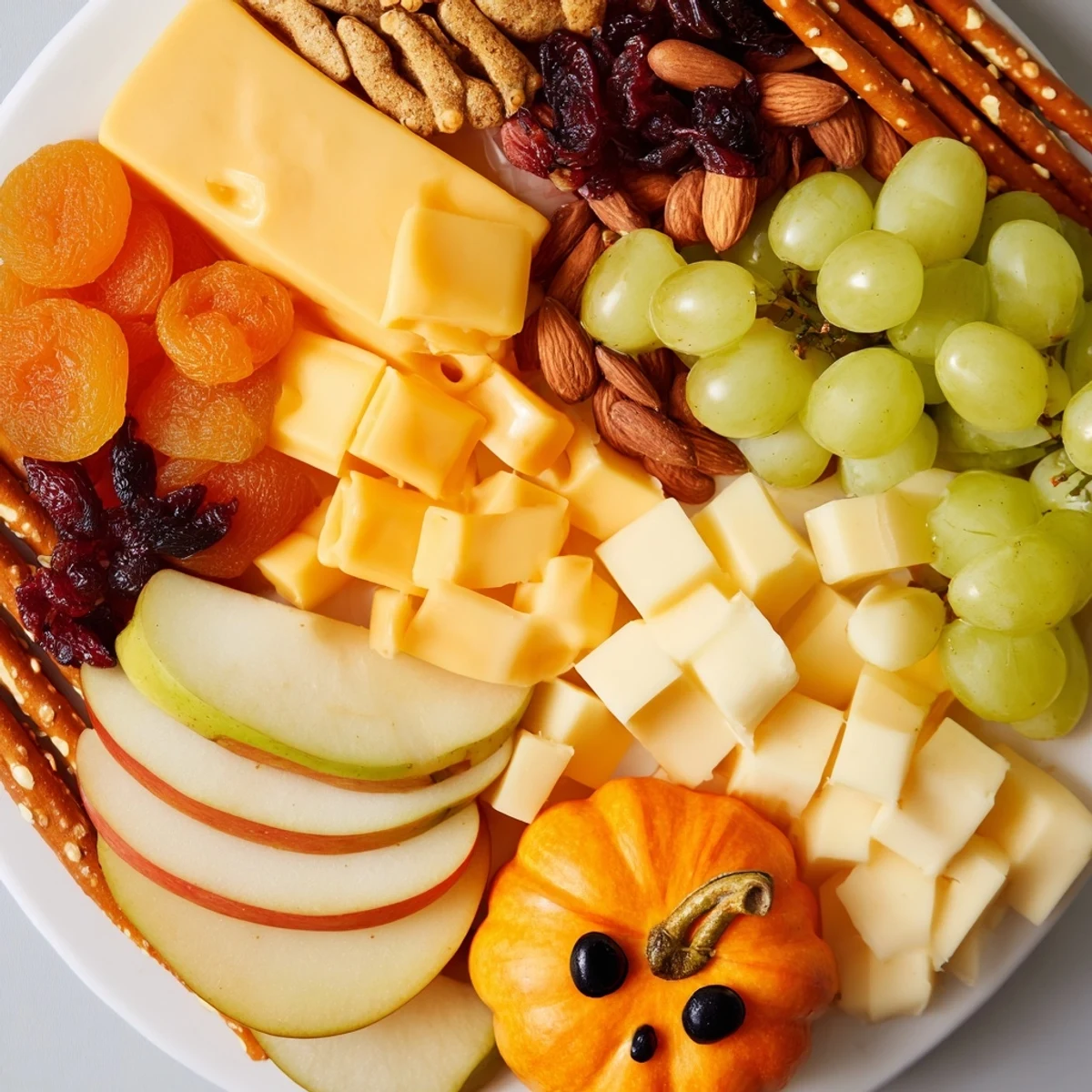 Vibrant close-up of a festive Thanksgiving Wheat Field Turkey Board with colorful charcuterie.