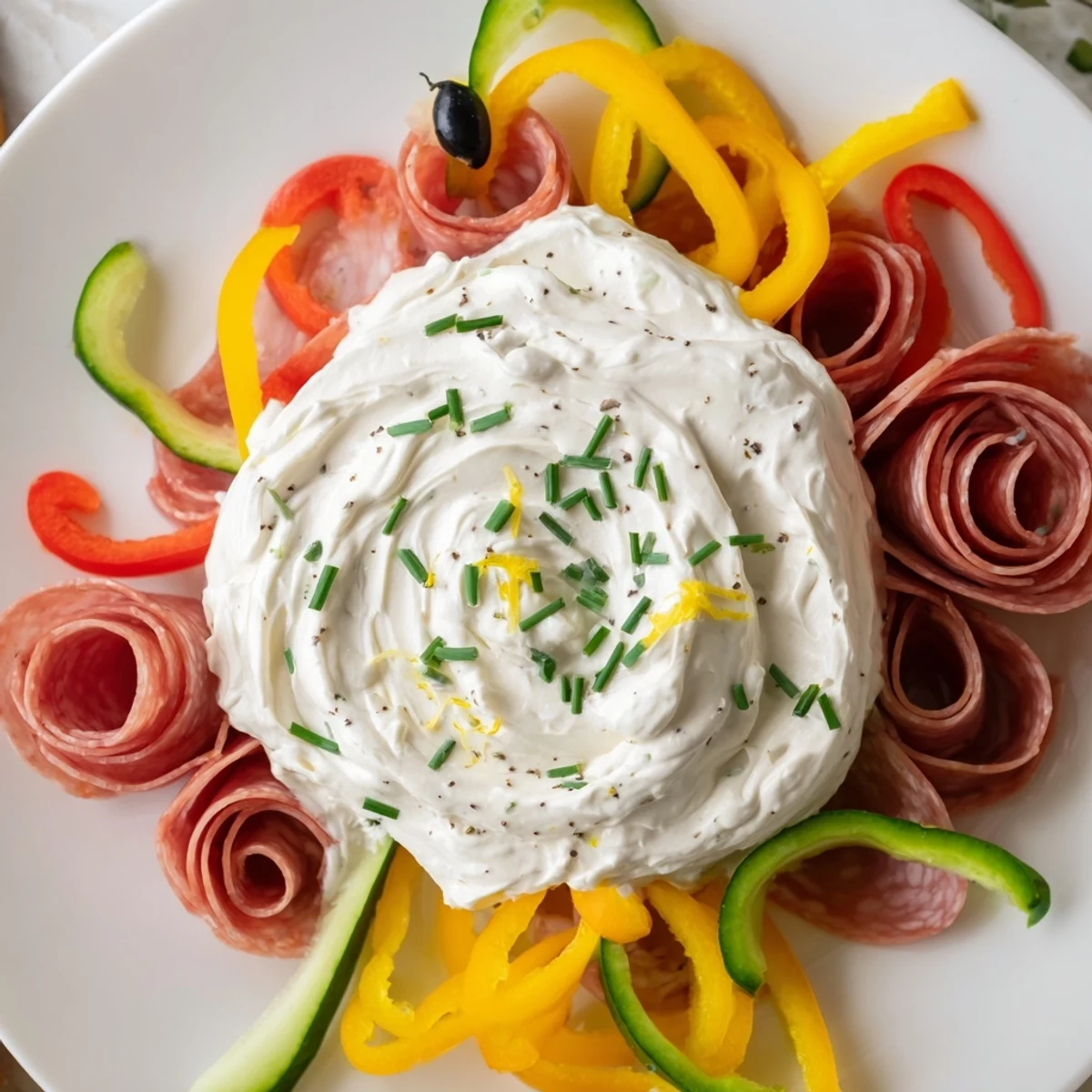 A vibrant photo showing the Medusa Curls party platter with colorful meat and pepper "snakes."