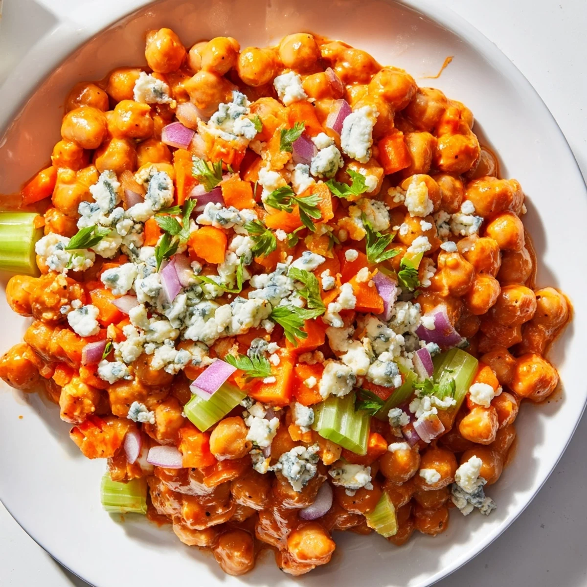 Close-up of a flavorful Buffalo Chicken Bean Salad, perfect for a quick and easy vegetarian lunch.