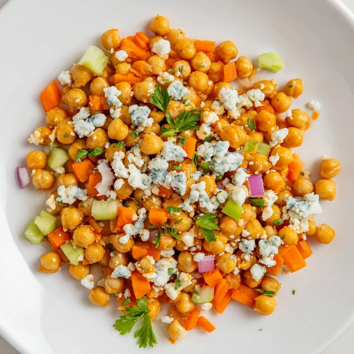A vibrant bowl of Buffalo Chicken Bean Salad, ready to eat, featuring bright veggies.