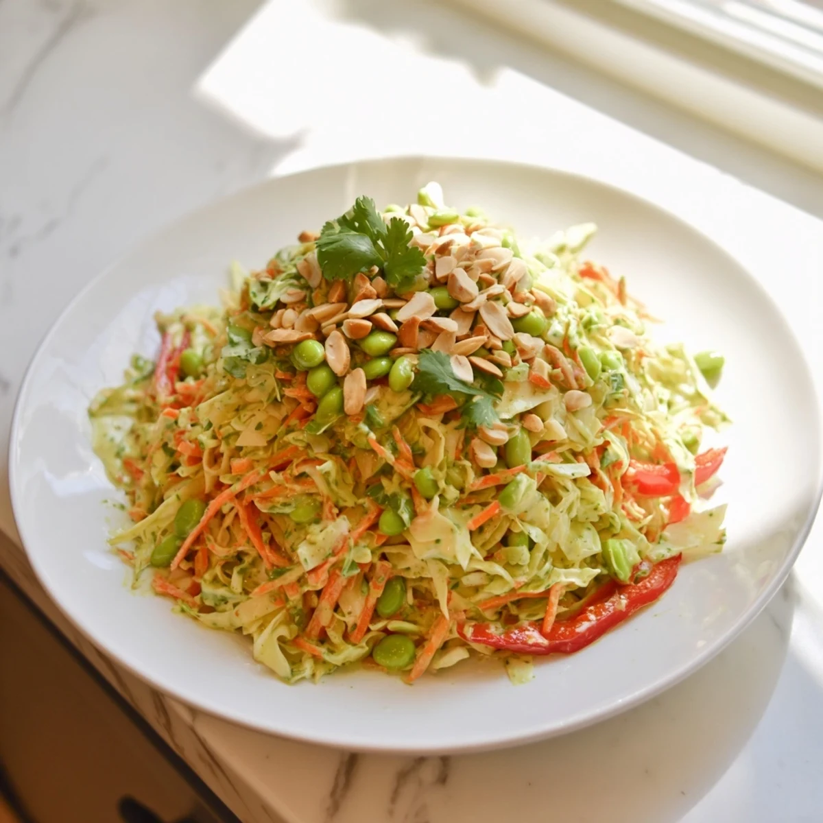 A colorful bowl of Crunchy Cabbage and Edamame Salad, ready to eat, with toasted almonds.