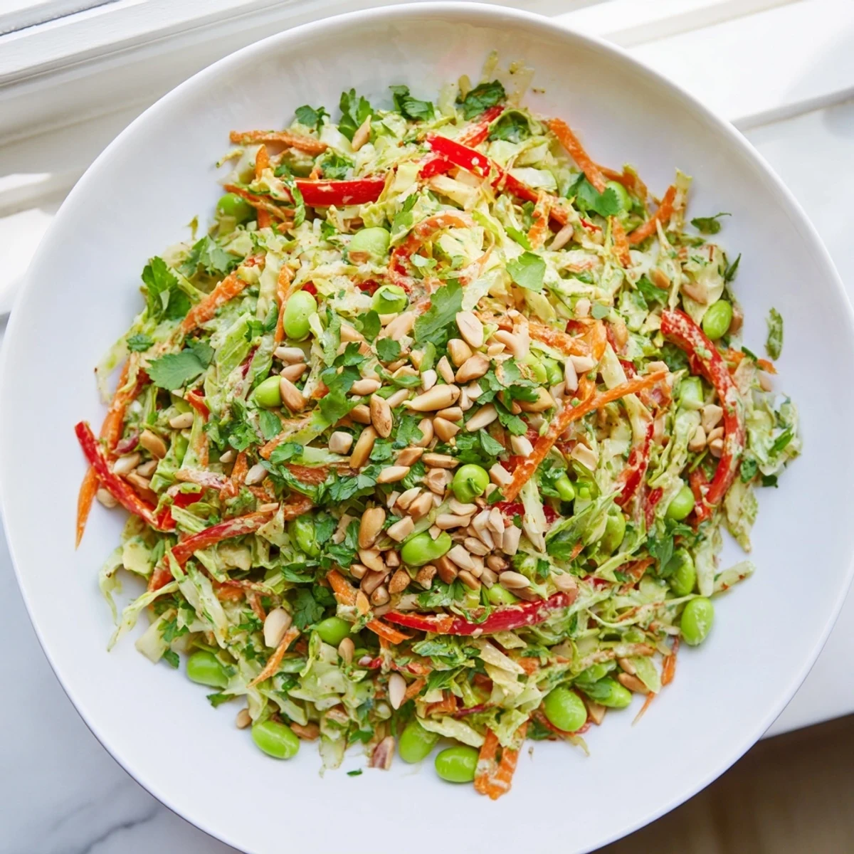Fresh Crunchy Cabbage and Edamame Salad with vibrant veggies, tossed in creamy Green Goddess dressing.