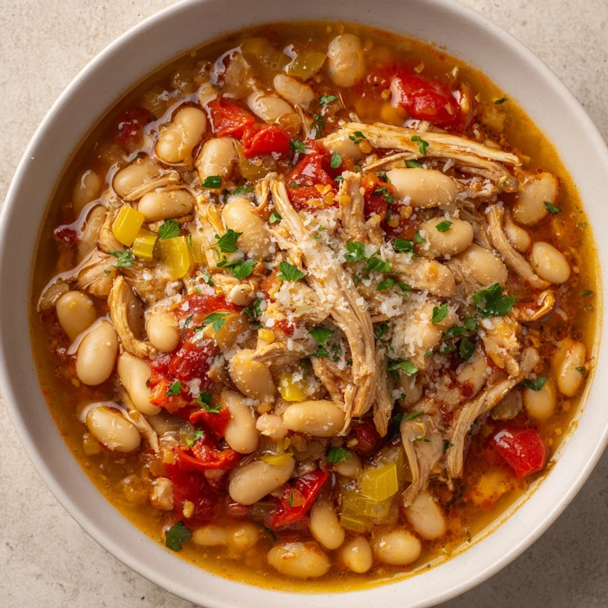 A steaming bowl of creamy white bean and roasted red pepper chicken, perfect for a cozy dinner.