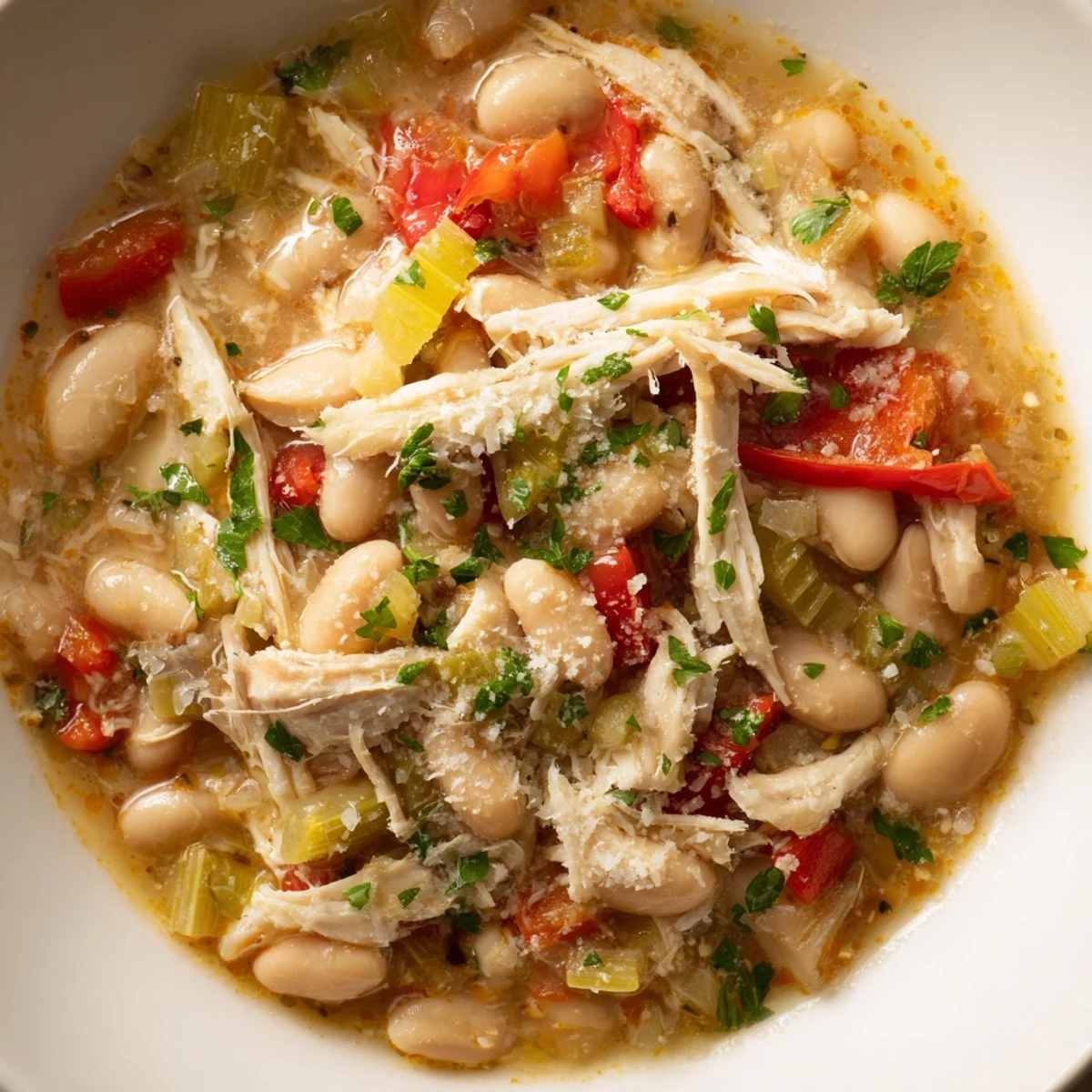 Hearty white bean and roasted red pepper chicken, a flavorful American dish, bubbling in a Dutch oven.